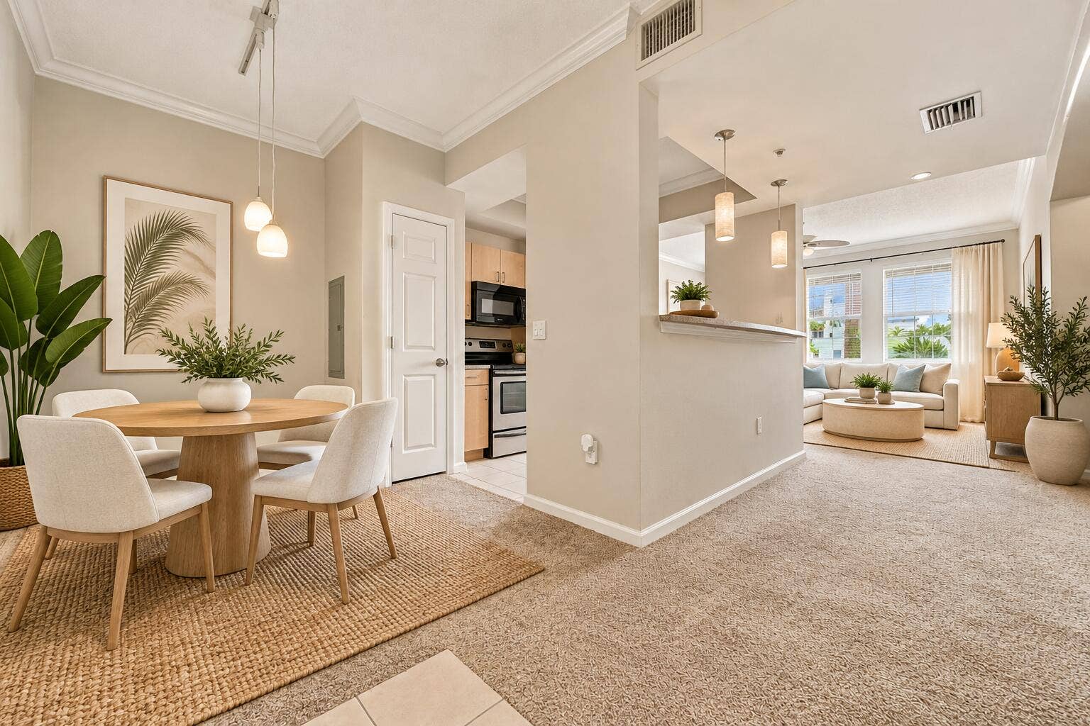 533 NE 3RD Avenue, #202, Fort Lauderdale, FL 33301 Interior featuring crown molding, recessed lighting, multi-pendant light fixtures, a partial room divider with a pass-through ledge, and carpeted flooring