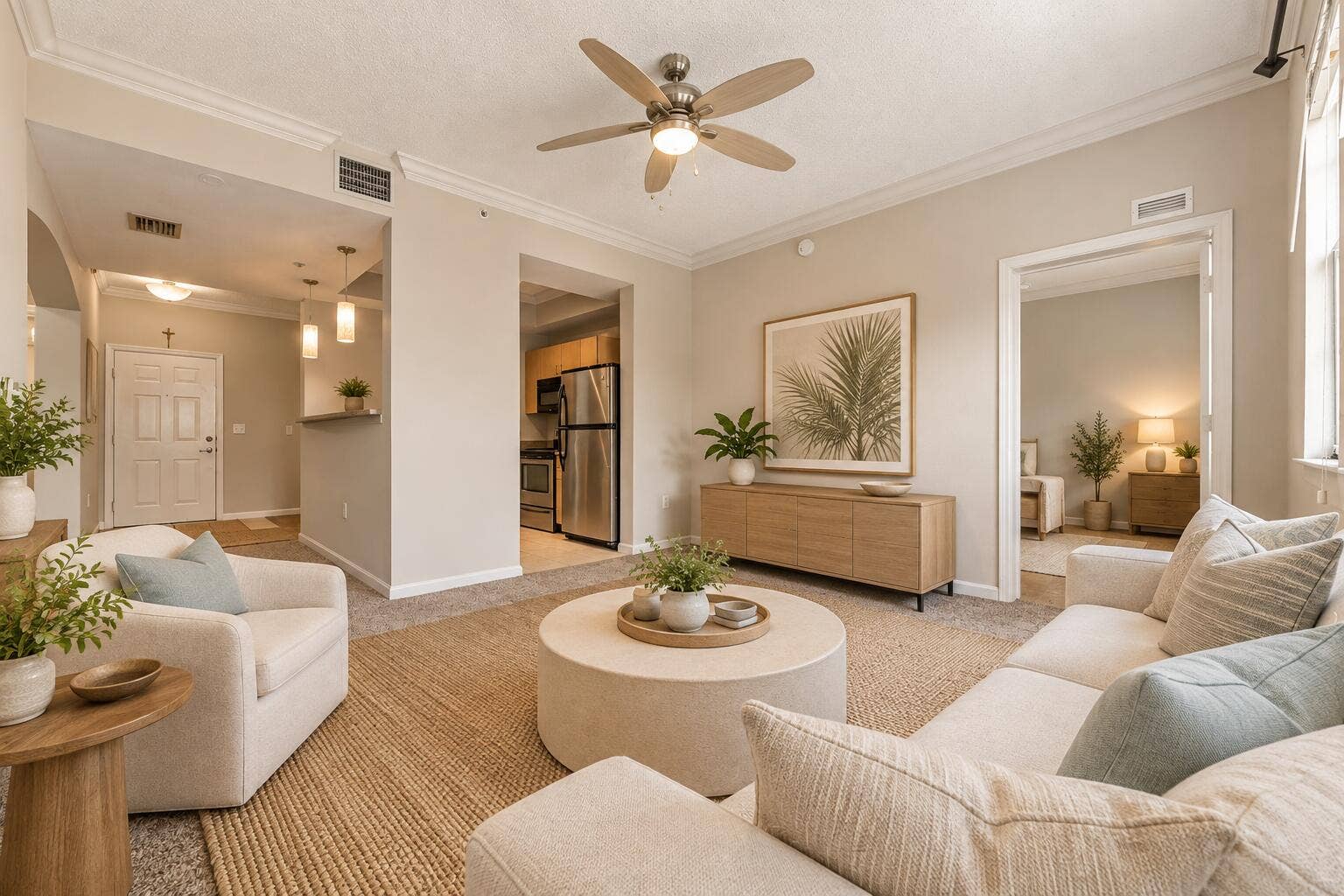 533 NE 3RD Avenue, #202, Fort Lauderdale, FL 33301 Living area featuring crown molding, a central ceiling fan with integrated lighting, neutral wall finishes, and carpeted flooring