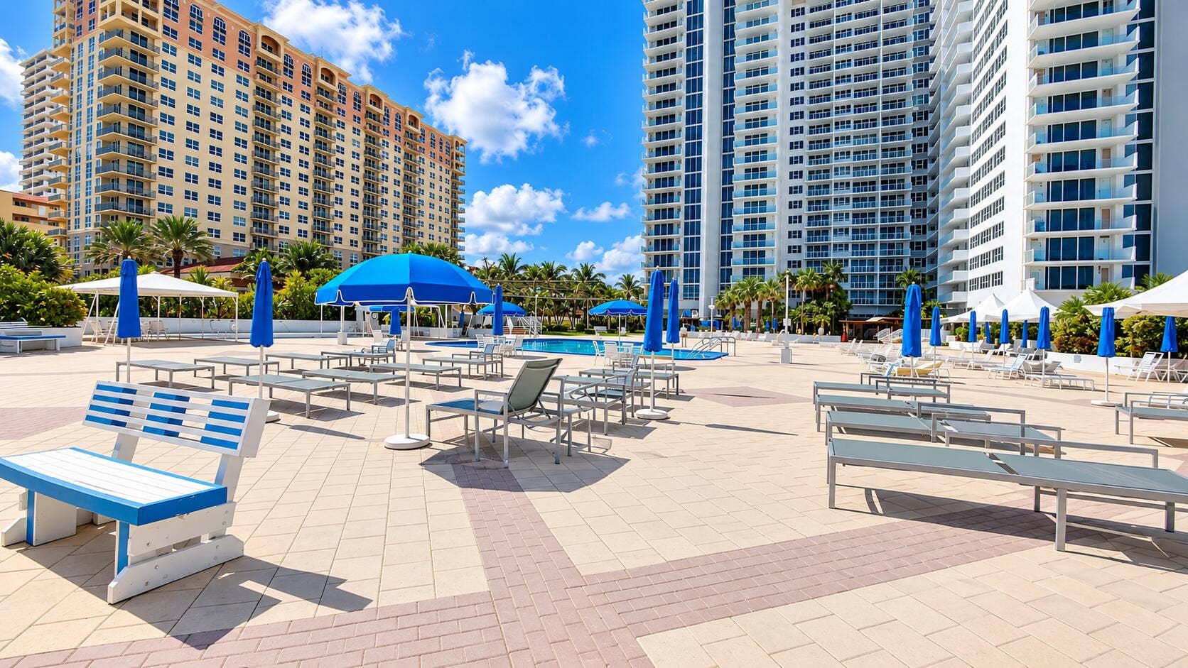2030 S OCEAN Drive, #211, Hallandale Beach, FL 33009 Sunny Resort Pool Deck with Palm-Lined T