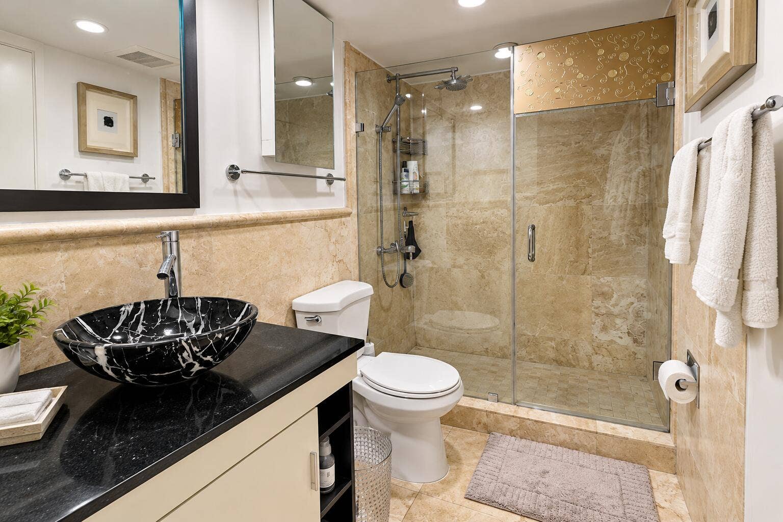 2030 S OCEAN Drive, #211, Hallandale Beach, FL 33009 Upscale Beige Marble Bathroom Retreat