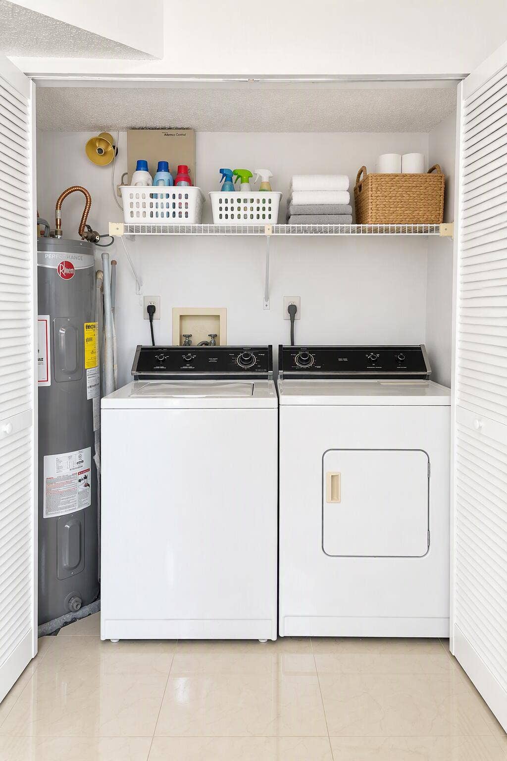 Utility closet featuring white bifold louvered doors, wire shelving, and a dedicated water heater