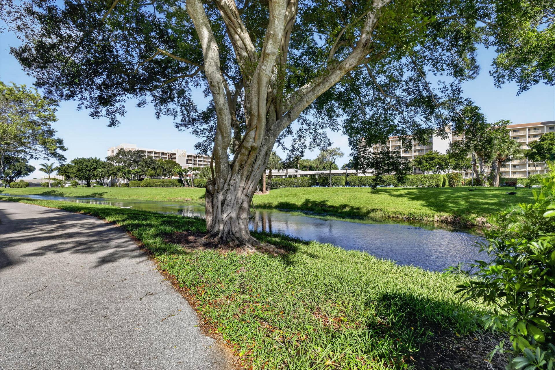14527 BONAIRE Boulevard, #109, Delray Beach, FL 33446 Paved walkway bordering a canal featuring mature trees and maintained green space