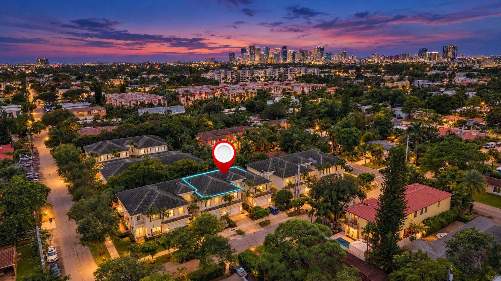 1752 NE 12TH Street, Fort Lauderdale, FL 33304 Blue-hour townhouse with cyan outline