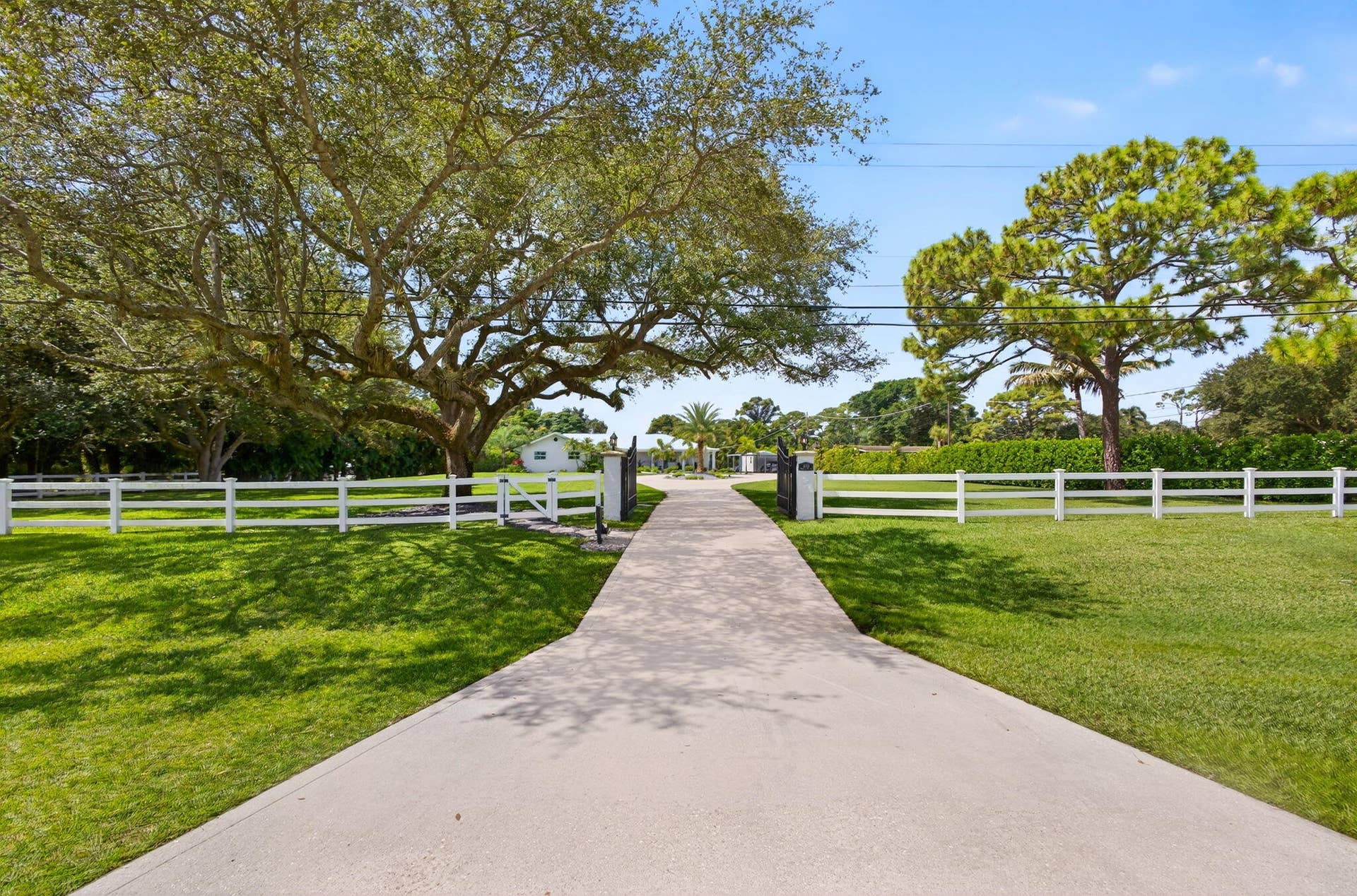4628 Square Lake Drive, Palm Beach Gardens, FL 33418 Paved driveway entrance featuring iron gate accents, white perimeter fencing, and mature canopy trees