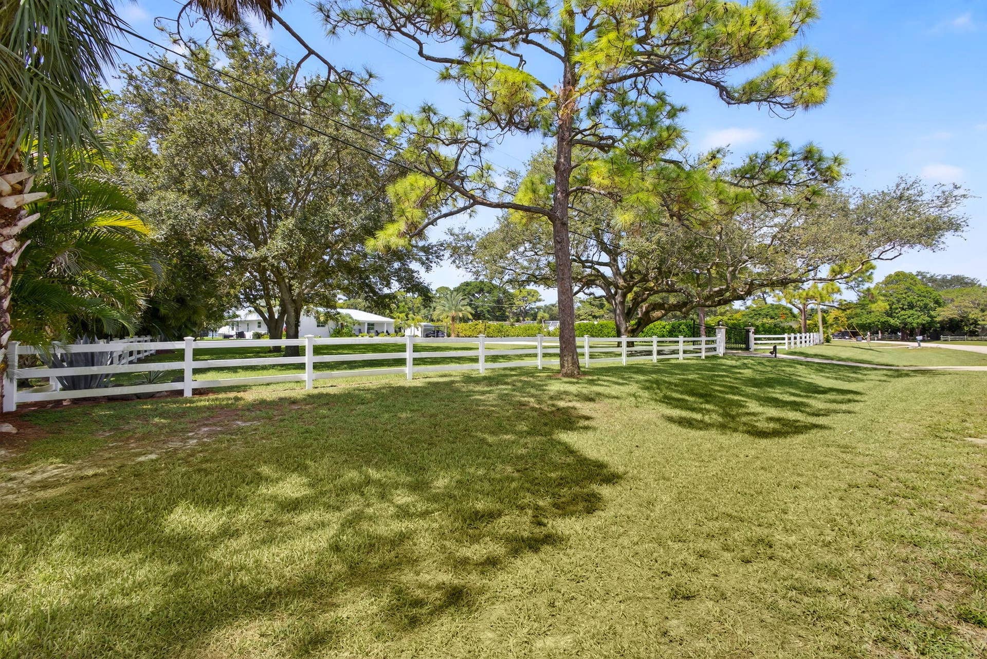 4628 Square Lake Drive, Palm Beach Gardens, FL 33418 Expansive grounds featuring a manicured lawn, white split-rail fencing, and mature canopy trees
