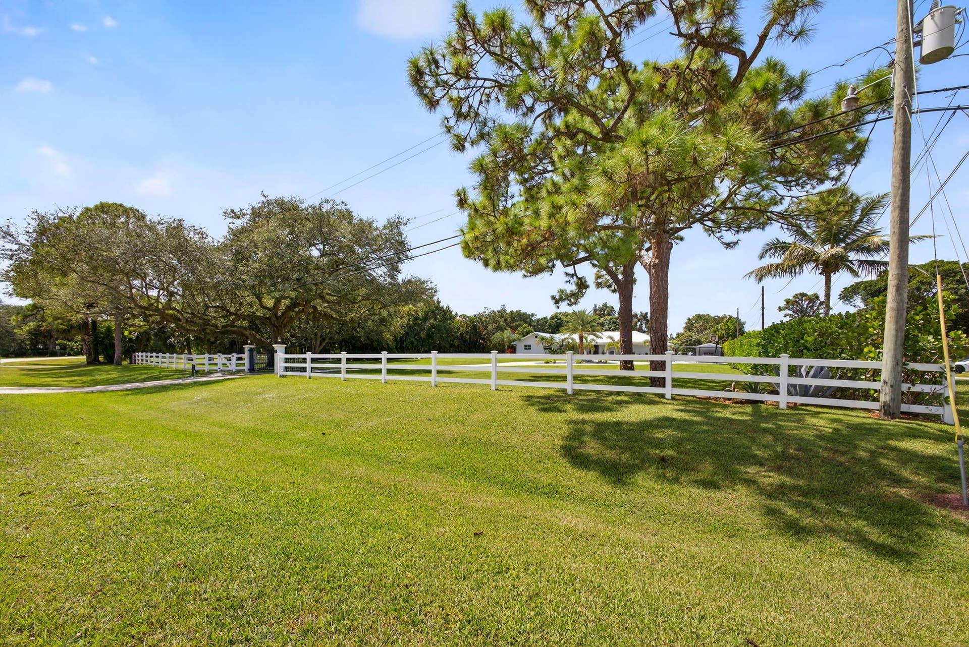 4628 Square Lake Drive, Palm Beach Gardens, FL 33418 Expansive grounds featuring a manicured lawn, white split-rail fencing, and mature native trees