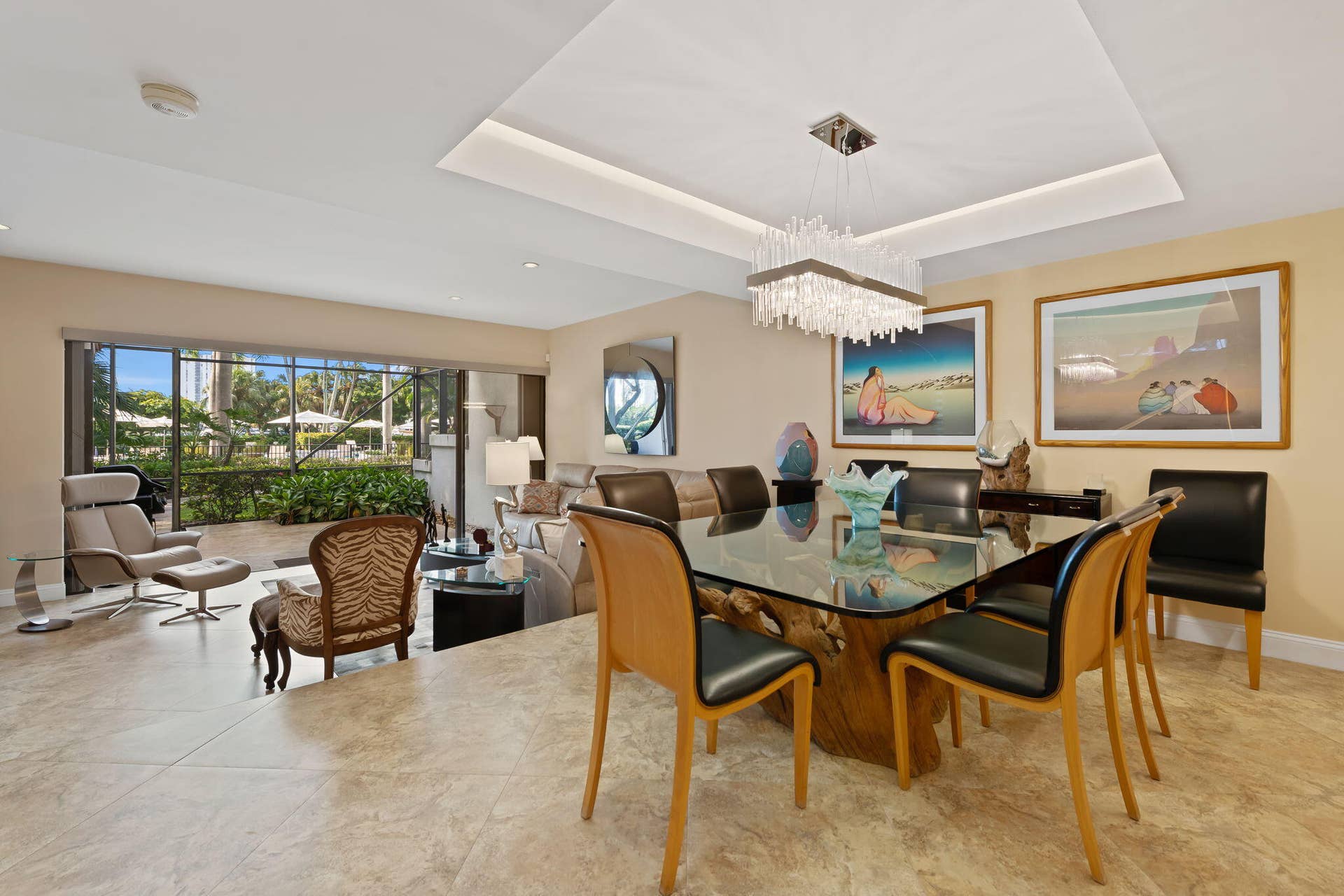 Tray ceiling with integrated lighting, polished tile flooring