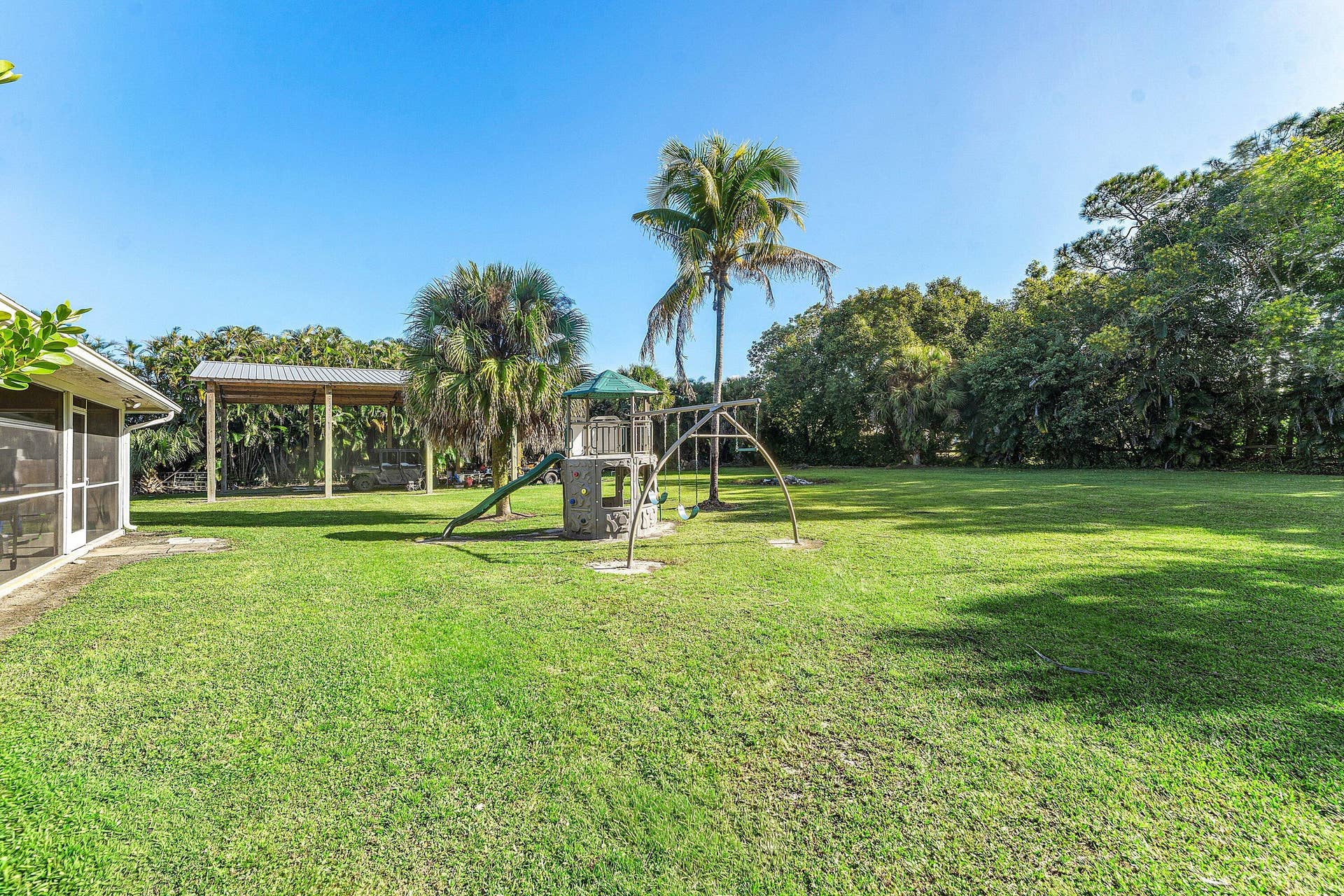 Expansive lawn featuring mature palms, a metal-roofed covered structure, and a permanent play set