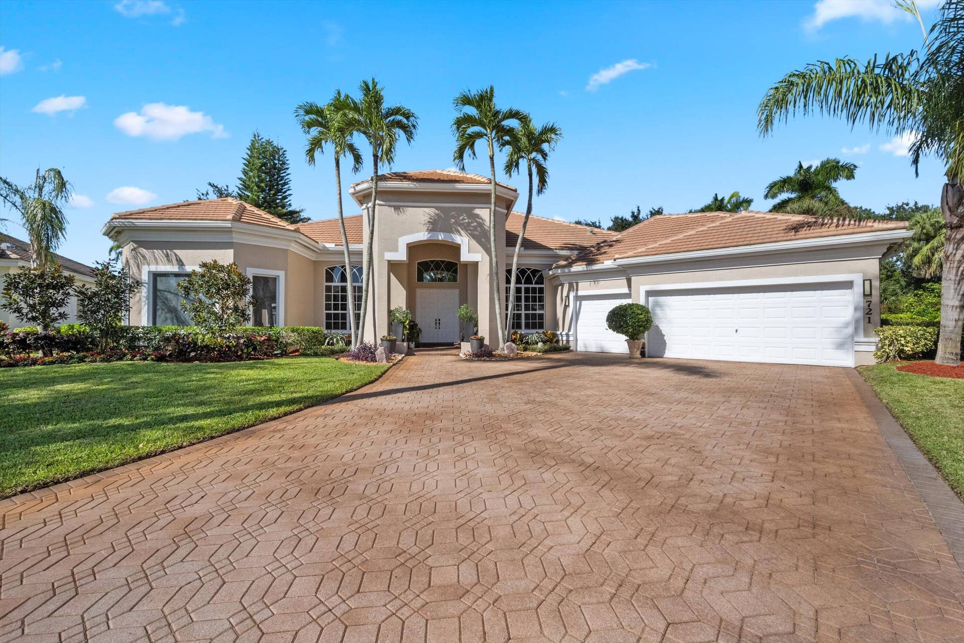 Single-story residence featuring a tile roof, stucco exterior, arched entryway, stamped concrete driveway, and established palm landscaping
