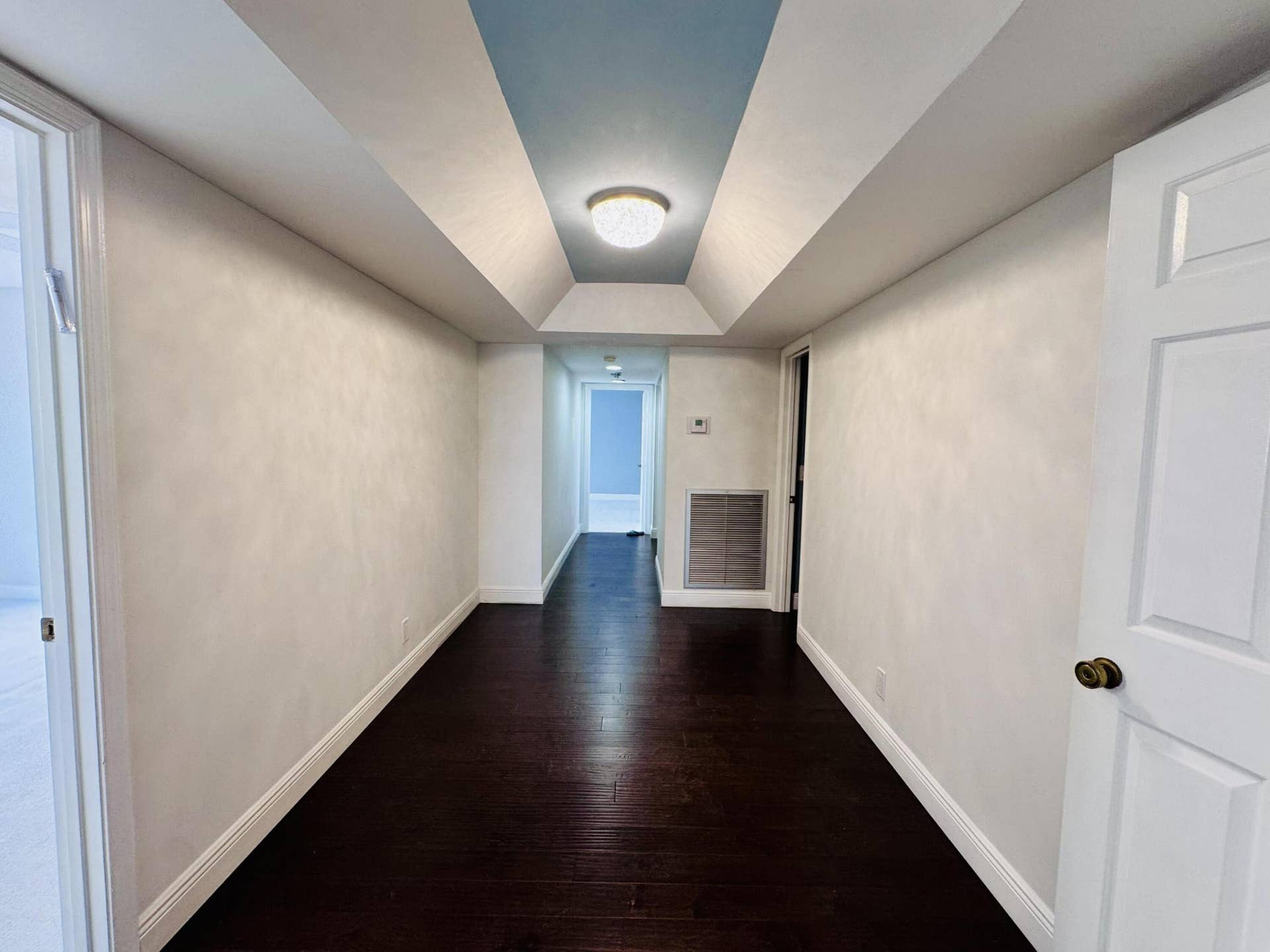 Tray ceiling with accent color, dark wood-finish flooring, and flush-mount lighting fixture