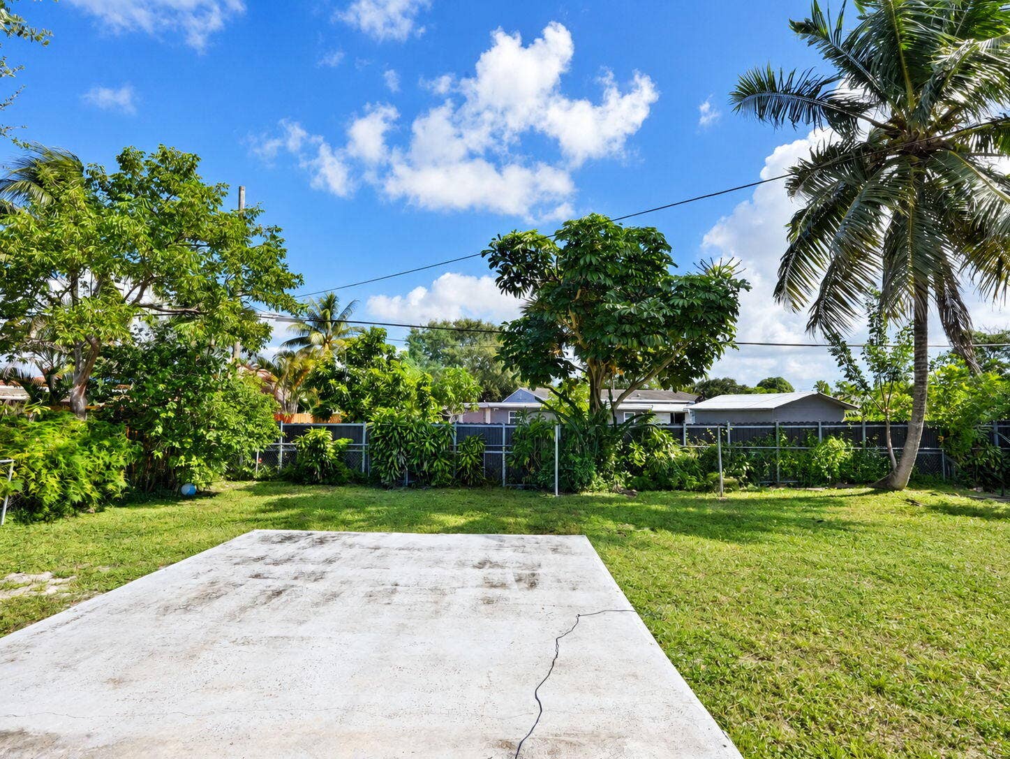 1805 NW 13TH Court, Fort Lauderdale, FL 33311 Expansive backyard featuring a concrete patio, mature trees, and perimeter fencing