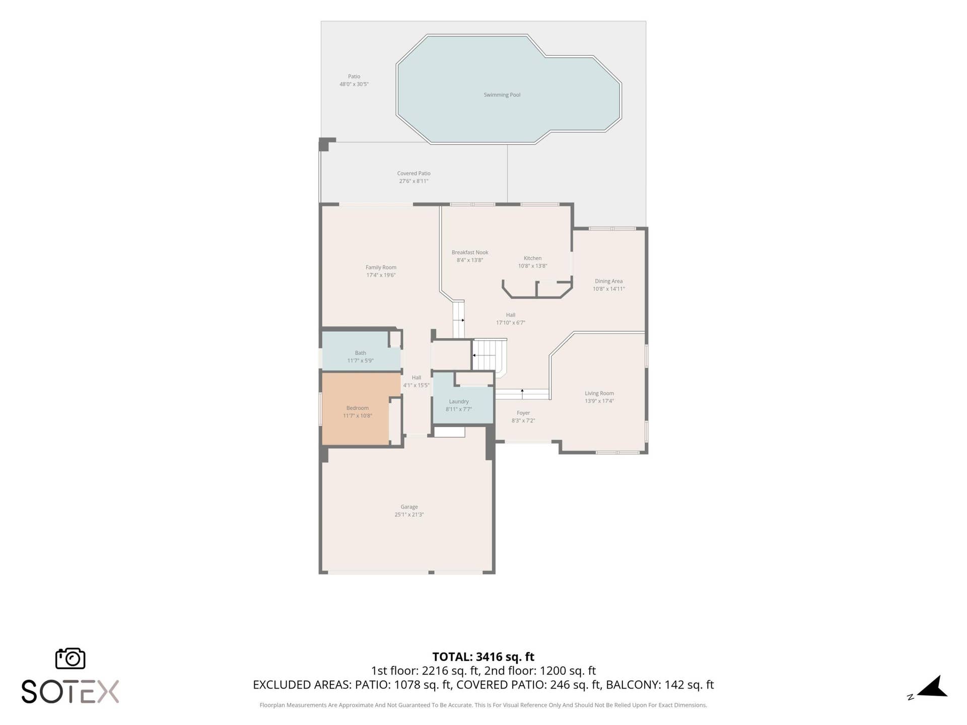 10671 St Thomas Drive, Boca Raton, FL 33498 Detailed layout of the main level, featuring expansive living and entertaining spaces, kitchen, bedroom, bathroom, three-car garage, and access to the covered patio and private pool.