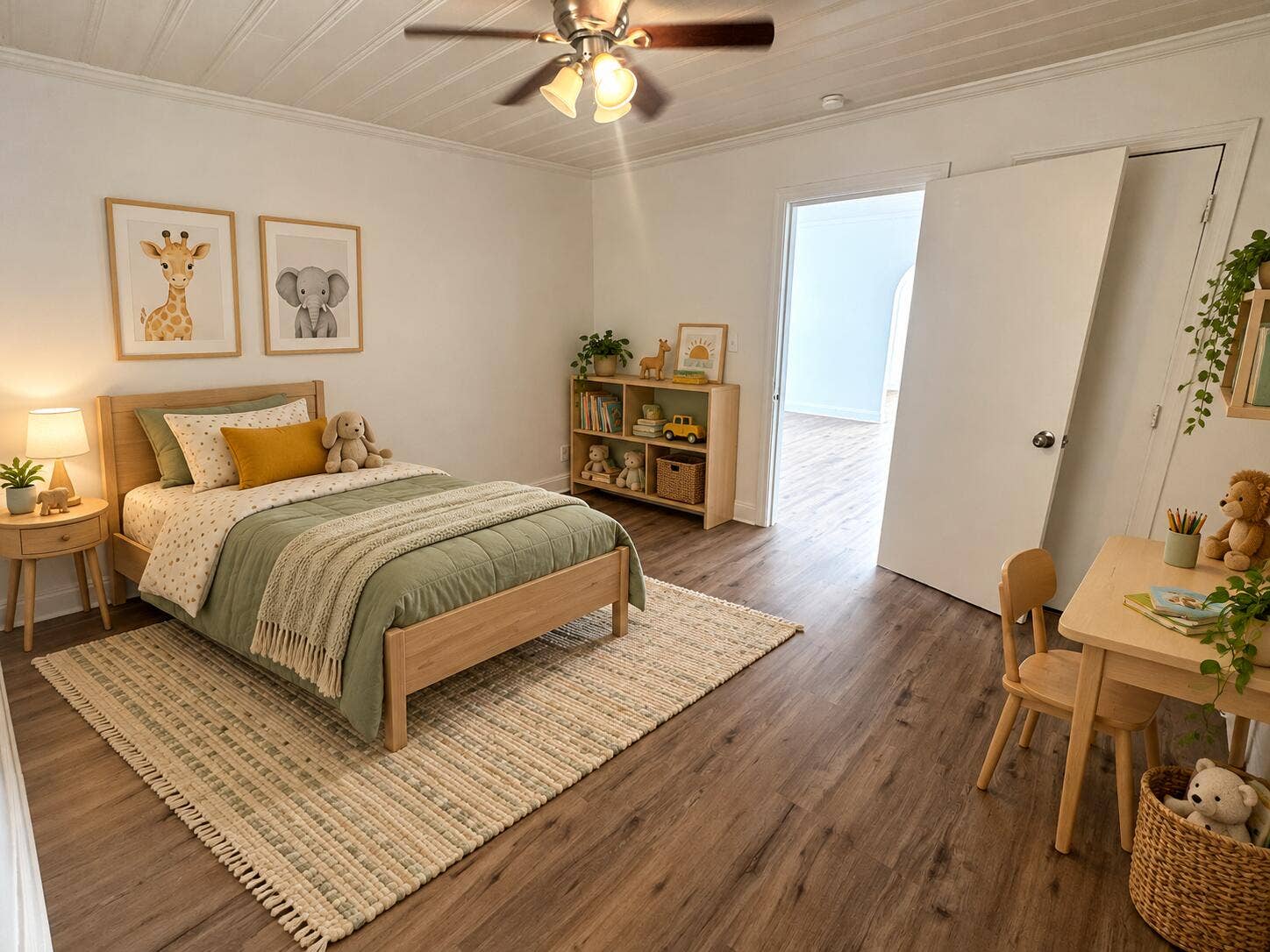 Cozy sage-and-mustard childs bedroom-