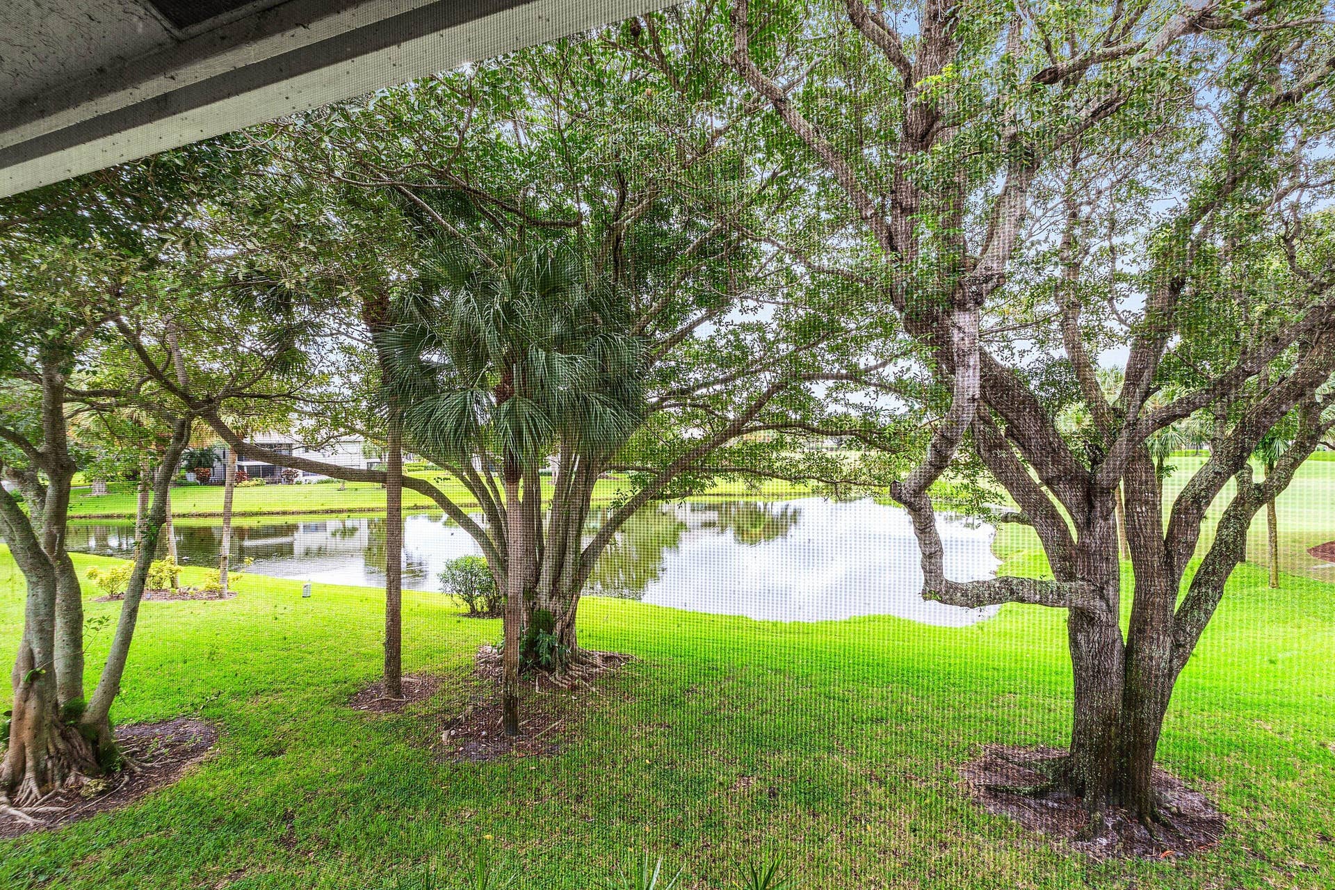53 EASTGATE Drive, #B, Boynton Beach, FL 33436 Screen-enclosed outdoor space featuring mature trees and waterfront exposure