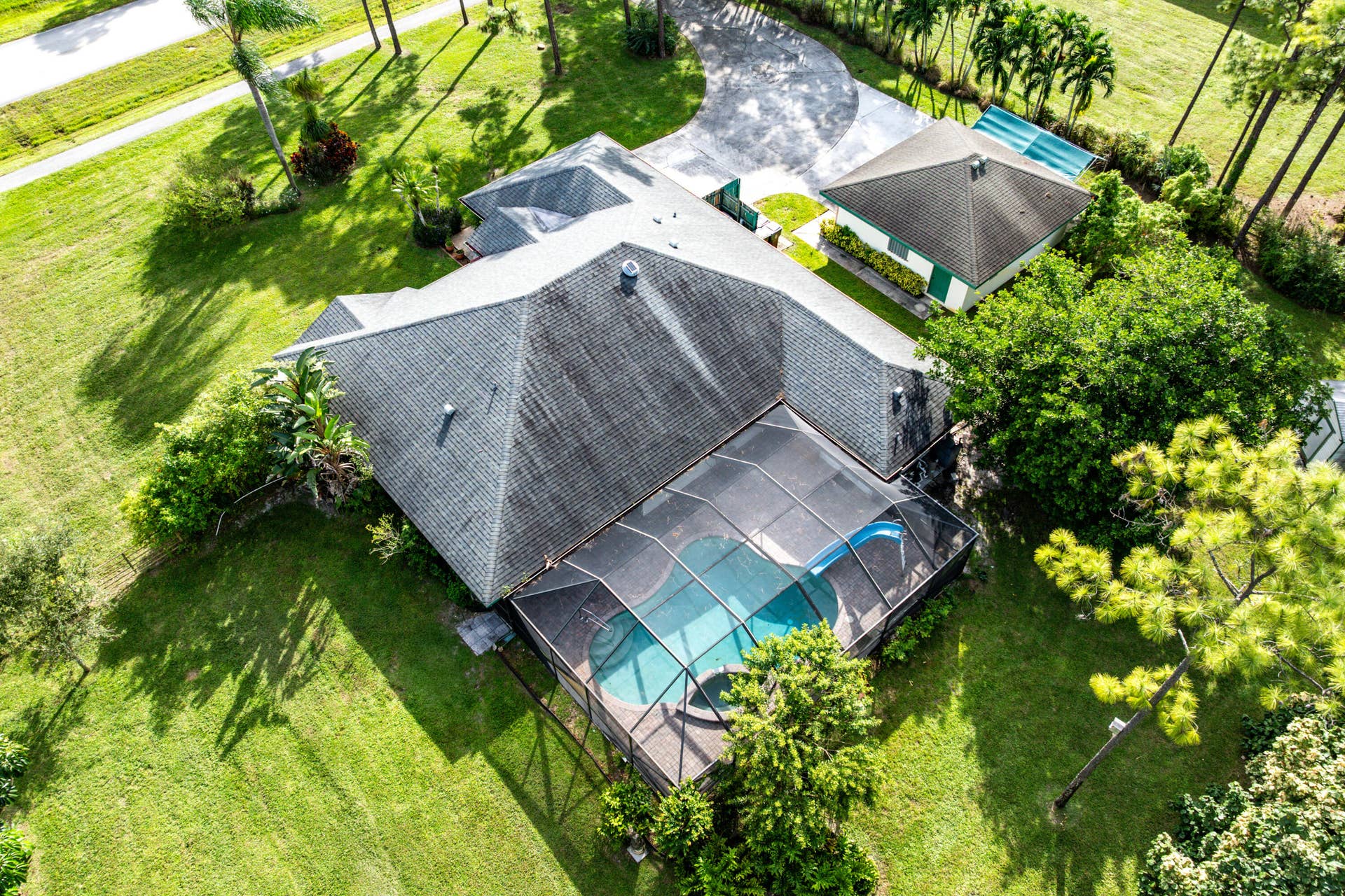 13677 Citrus Grove Boulevard, West Palm Beach, FL 33412 Aerial perspective of a sprawling property featuring a screened-in pool enclosure, a detached structure, a paved driveway, and expansive grounds with mature trees