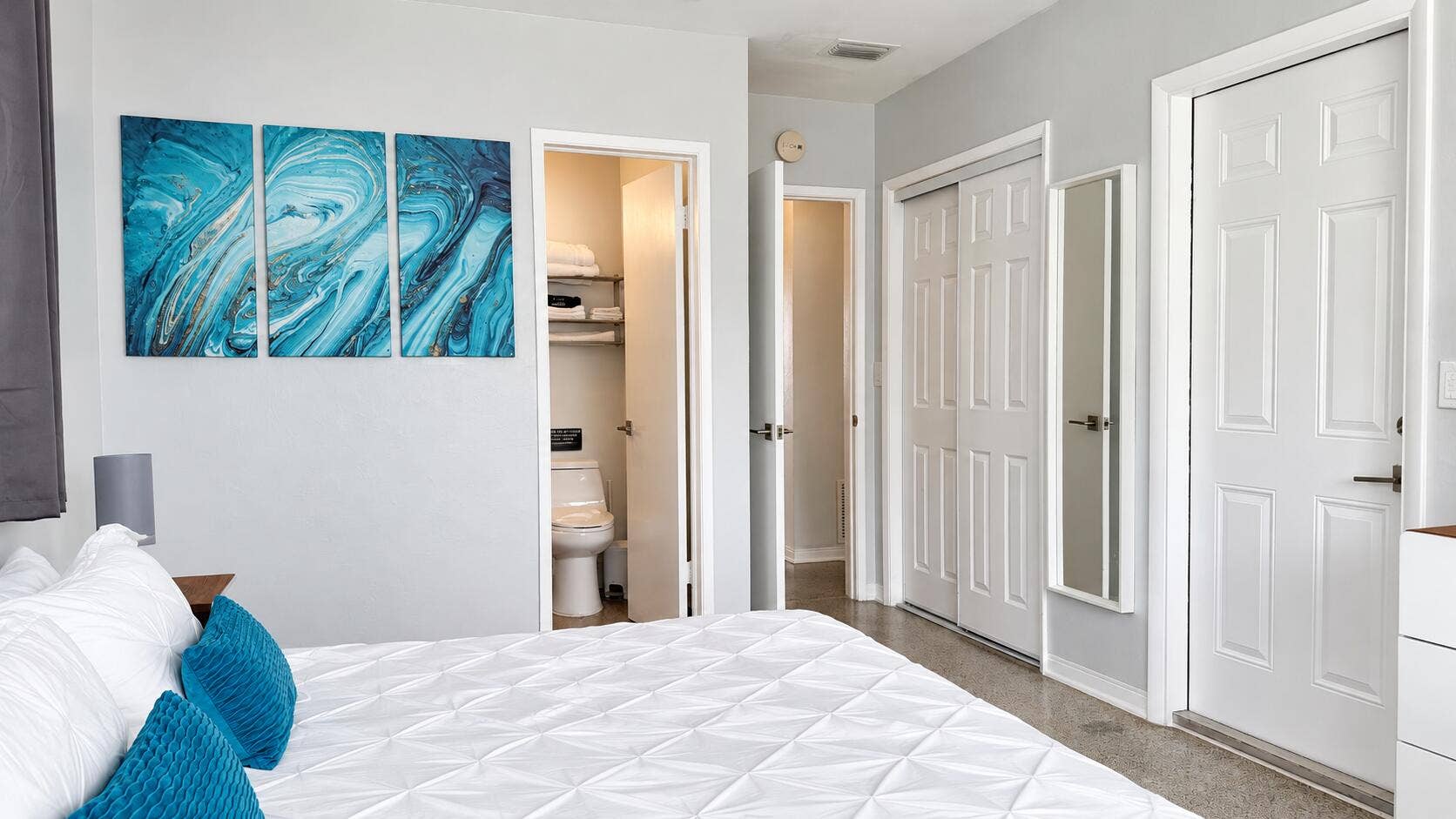 1261 SE 2ND Street, #1, Deerfield Beach, FL 33441 Modern Coastal Bedroom with Teal Accents