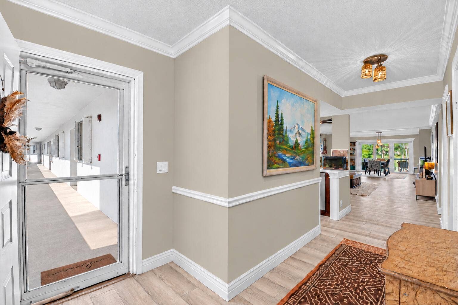 Subdued greige walls refresh the interio