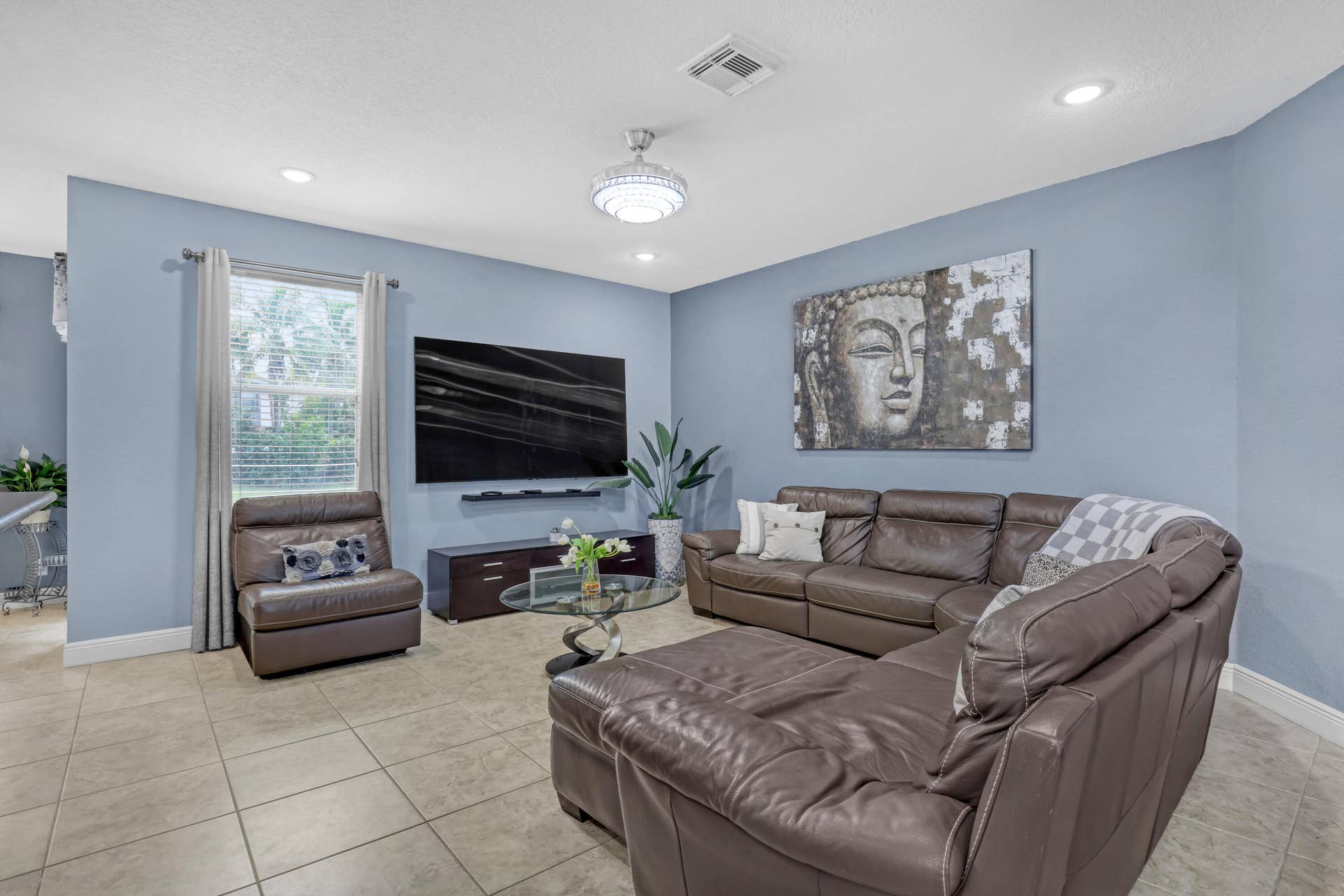 762 GAZETTA Way, West Palm Beach, FL 33413 Living space featuring neutral ceramic tile flooring, recessed lighting, a decorative ceiling fan