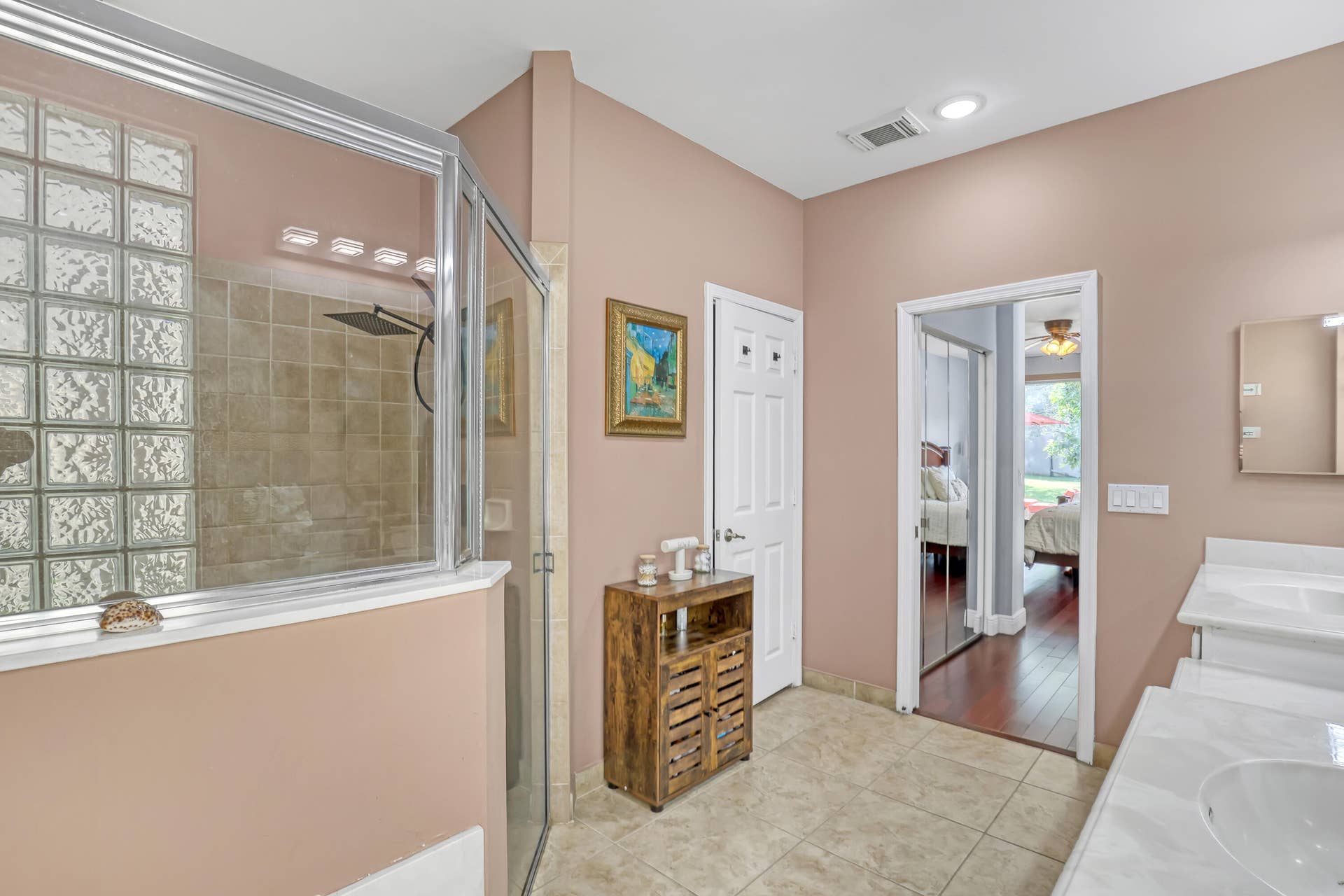 762 GAZETTA Way, West Palm Beach, FL 33413 Shower enclosure and a rain-style shower head, tiled flooring, and dual vanity with integrated sinks