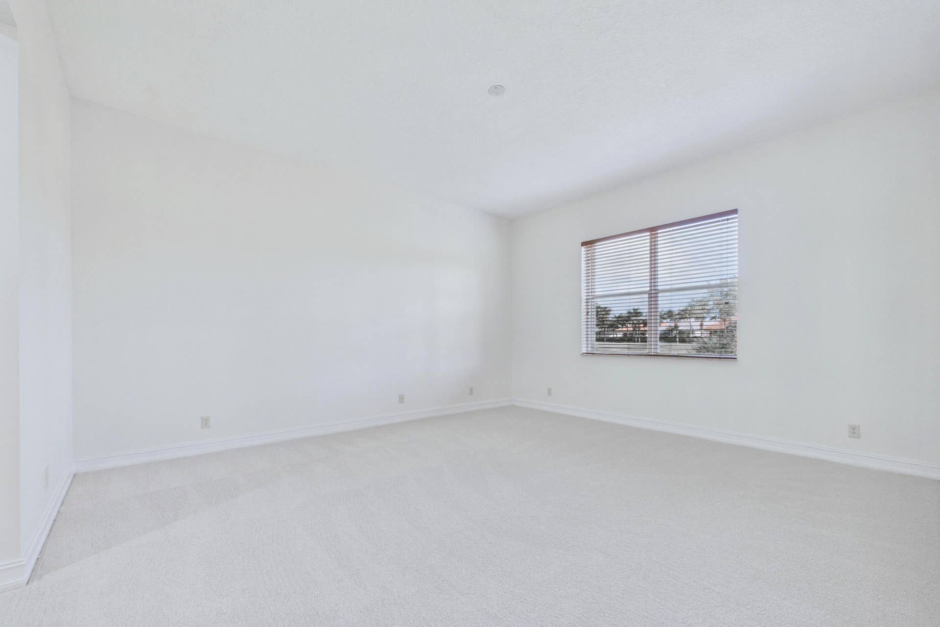 Fresh and clean primary bedroom with freshly-painted walls and new carpeting
