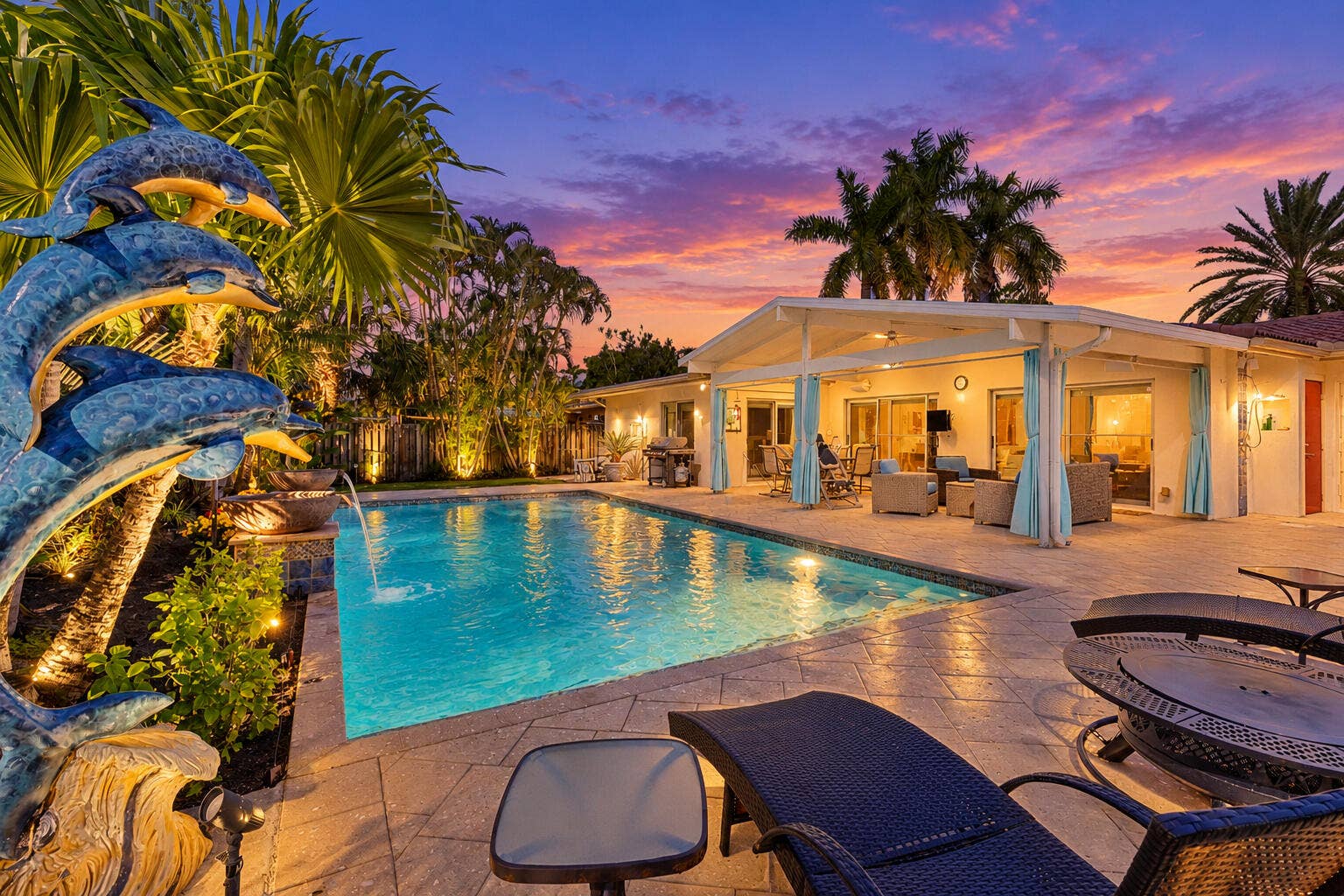 2317 NW 6th Avenue, Wilton Manors, FL 33311 Outdoor patio area featuring a covered lanai, stone-paved decking, custom dolphin-themed water feature, and a rectangular swimming pool