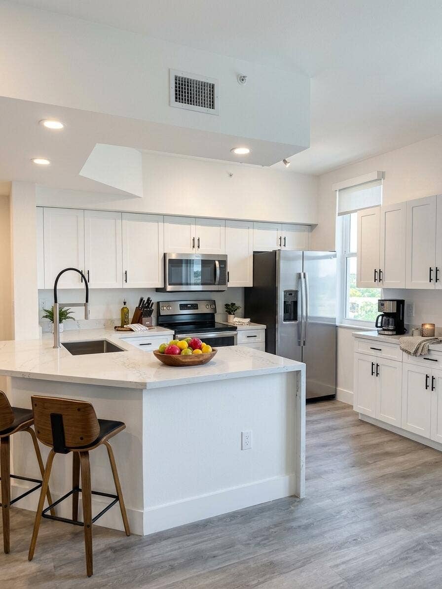 2941 NE 185TH Street, #1303, Aventura, FL 33180 Kitchen featuring white shaker-style cabinetry, quartz countertops, a central island with a high-arch faucet, stainless steel appliances, and wood-finish flooring