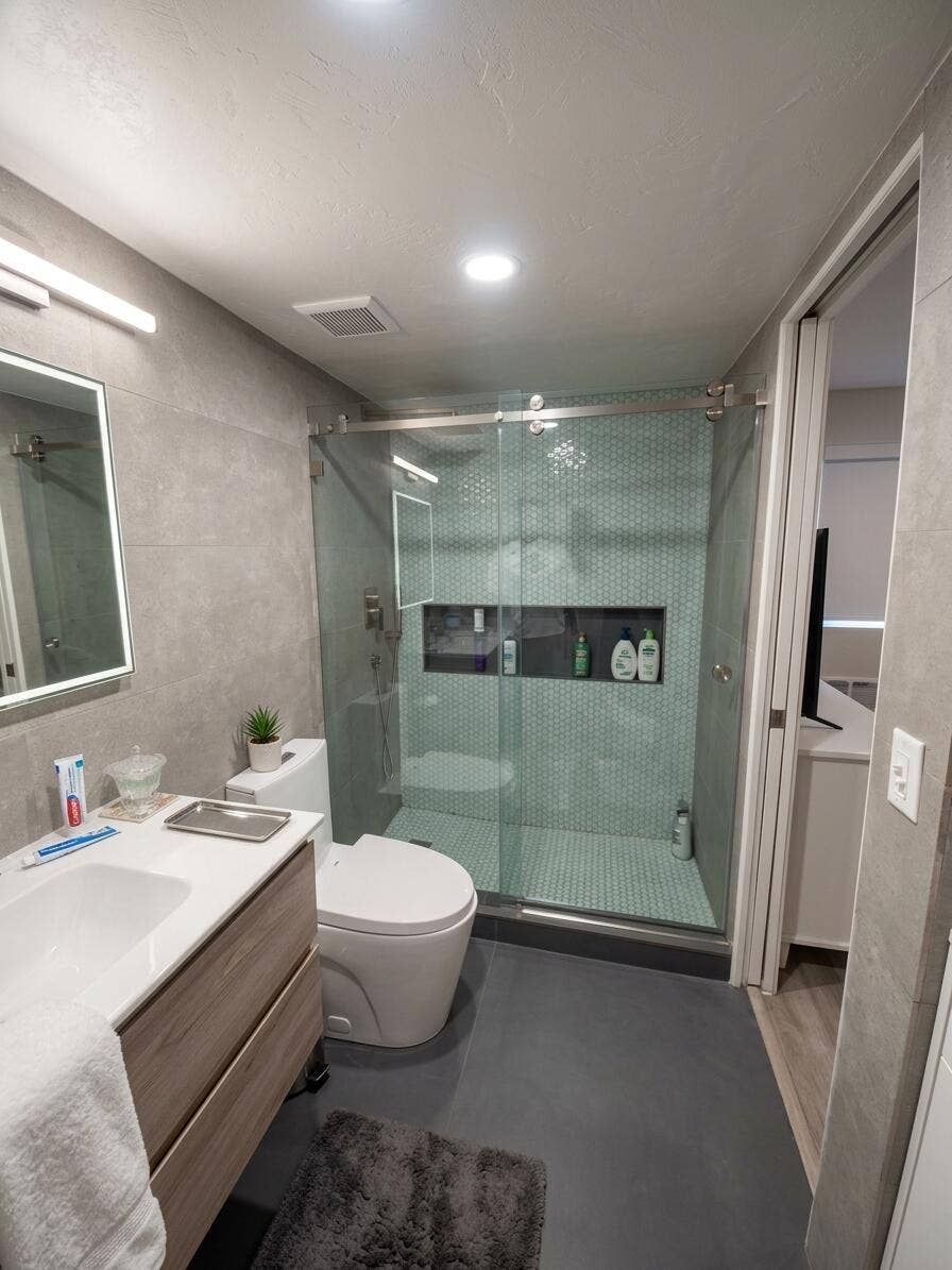 2941 NE 185TH Street, #1303, Aventura, FL 33180 Modern bathroom featuring a wood-finish vanity, large-format wall tile, glass-enclosed shower with mosaic tile surround, built-in shower niche, and recessed ceiling lighting