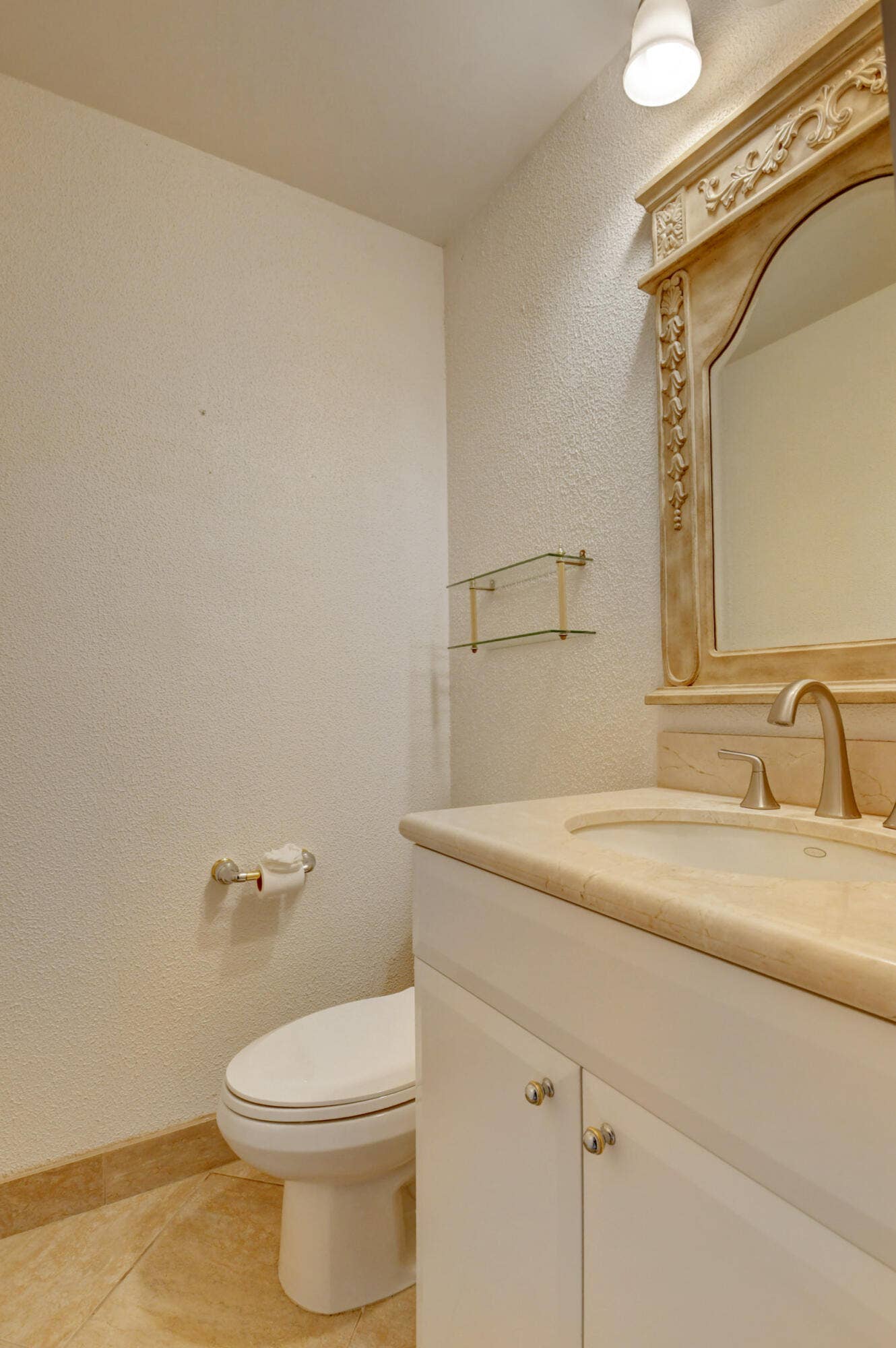 6458 Sweet Maple Lane, Boca Raton, Boca Raton, FL 33433 Charming Powder Room with Classic Vanity, Ornate Mirror & Neutral Finishes