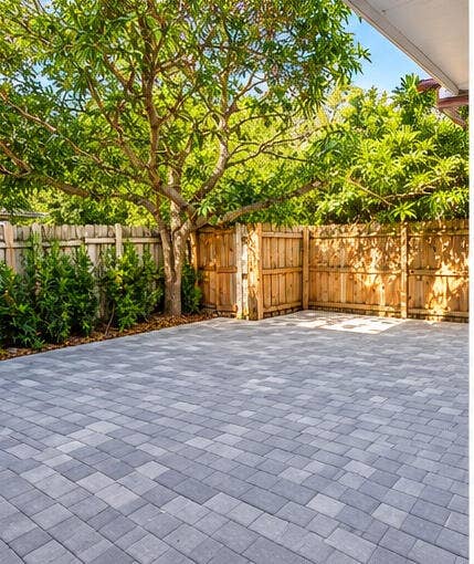 3601 SW 54th Avenue, West Park, FL 33023 Paver patio featuring a multi-tone geometric pattern, enclosed by a wood privacy fence and mature landscaping