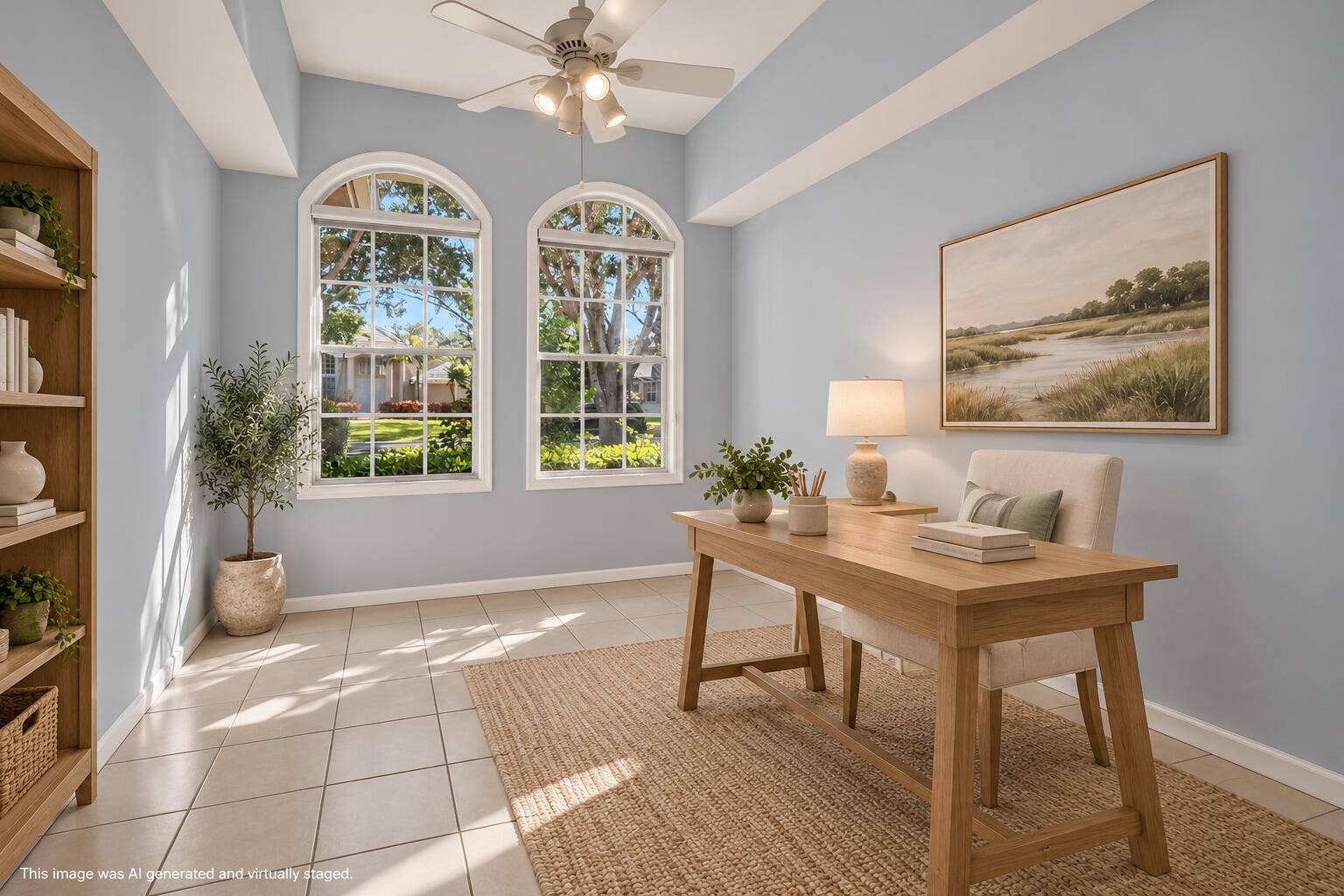483 OTTER Lane N, Jupiter, FL 33458 Airy Coastal Home Office with Arched Win
