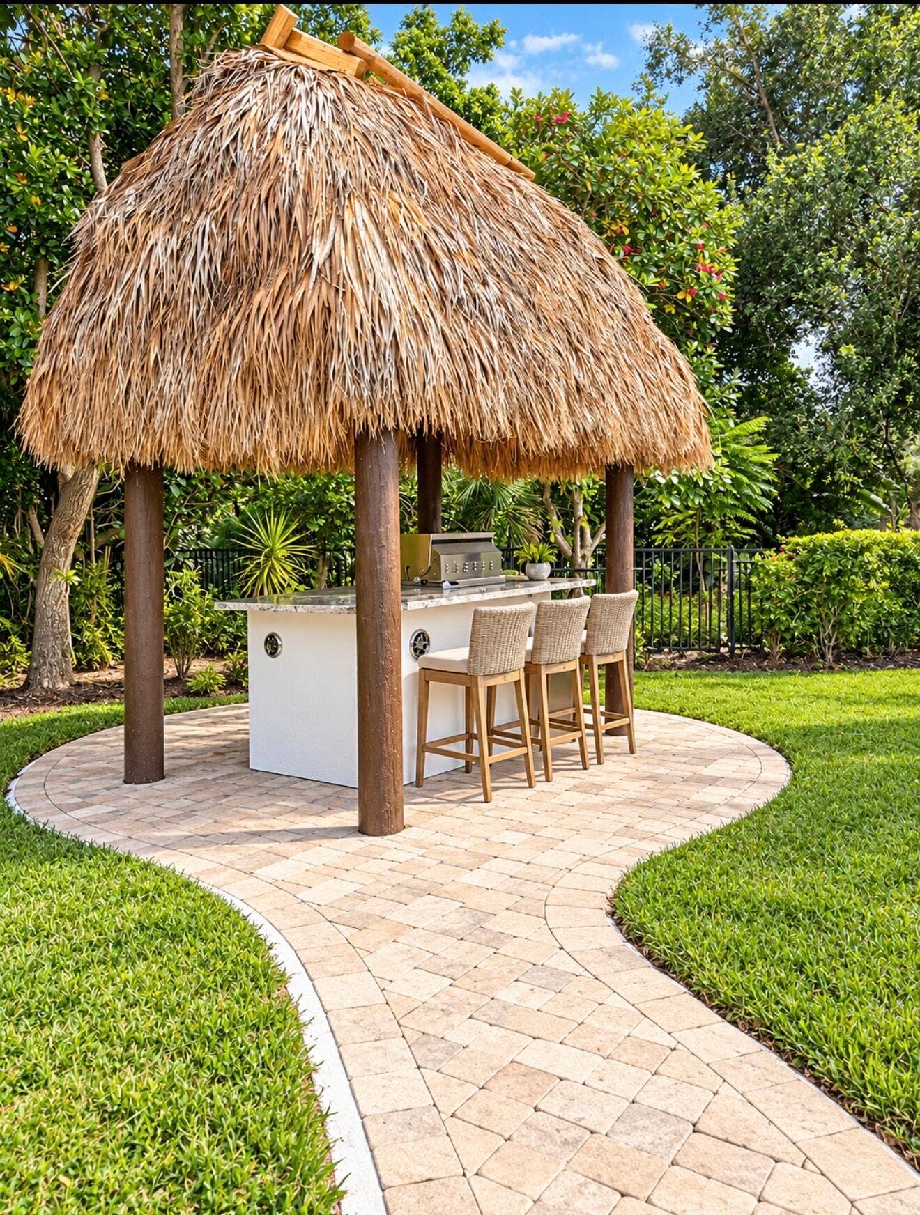 OUTDOOR SUMMER KITCHEN UNDER A SHADED TIKI BAR w/ ROOM FOR 3 BAR STOOLS