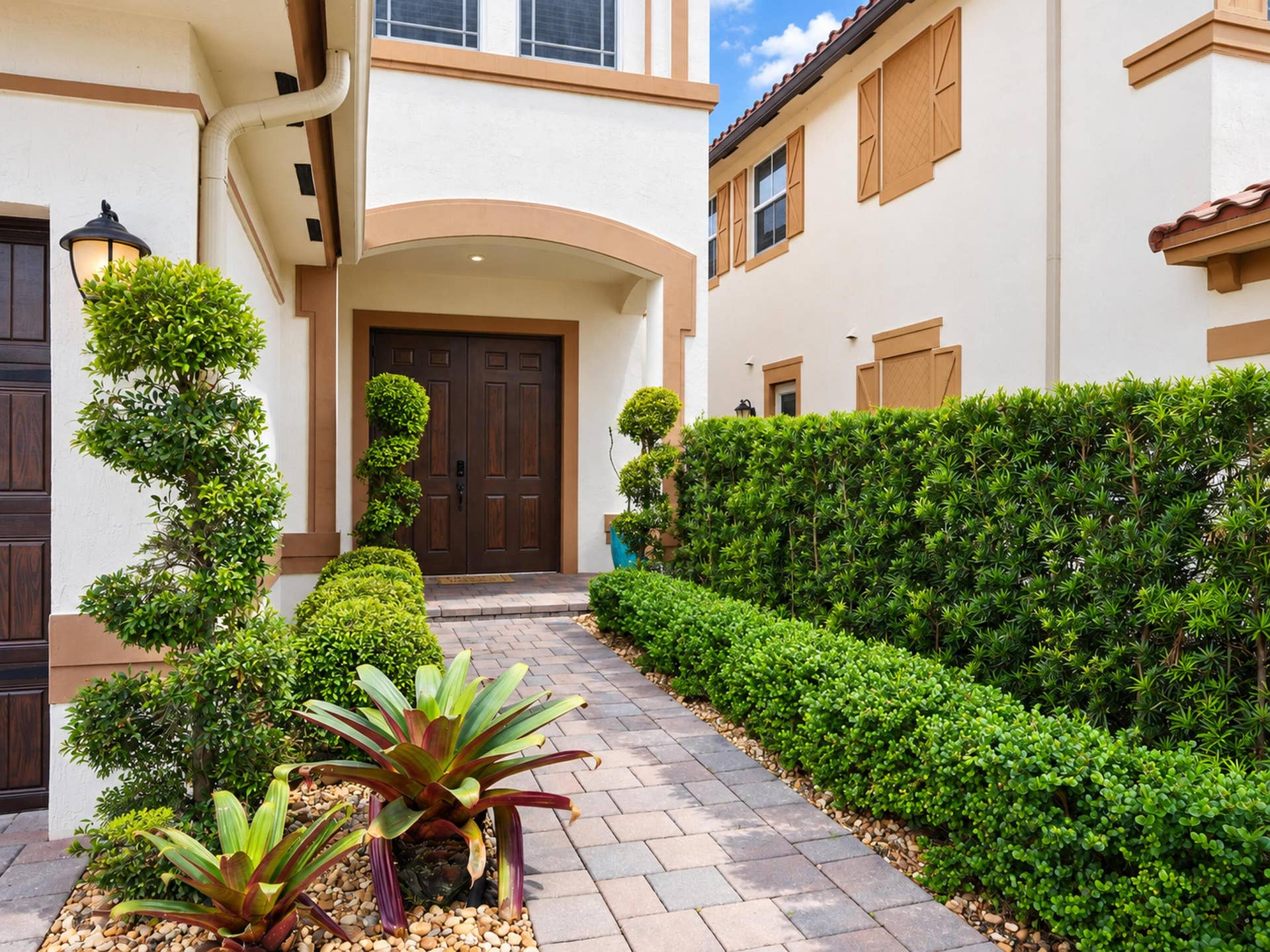 8601 Waterside Court, Parkland, FL 33076 Stucco exterior featuring double wood-finish entry doors, stone-paver walkway, arched recessed porch, and manicured landscaping with topiary shrubs