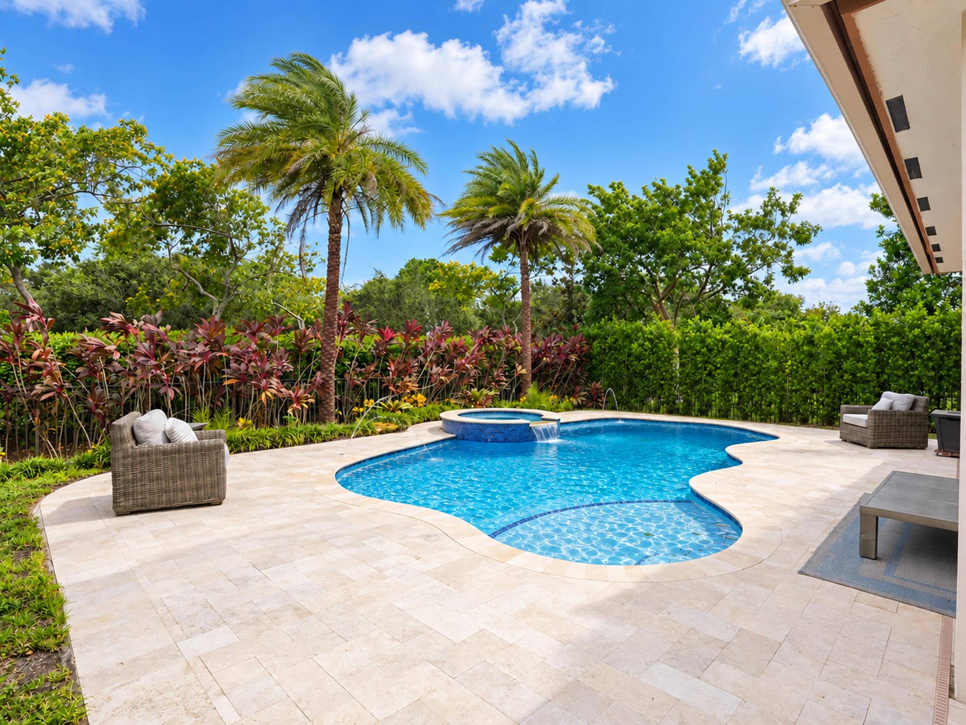 8601 Waterside Court, Parkland, FL 33076 Freeform swimming pool with a spillover spa, surrounded by a light-toned stone paver deck and mature landscaping