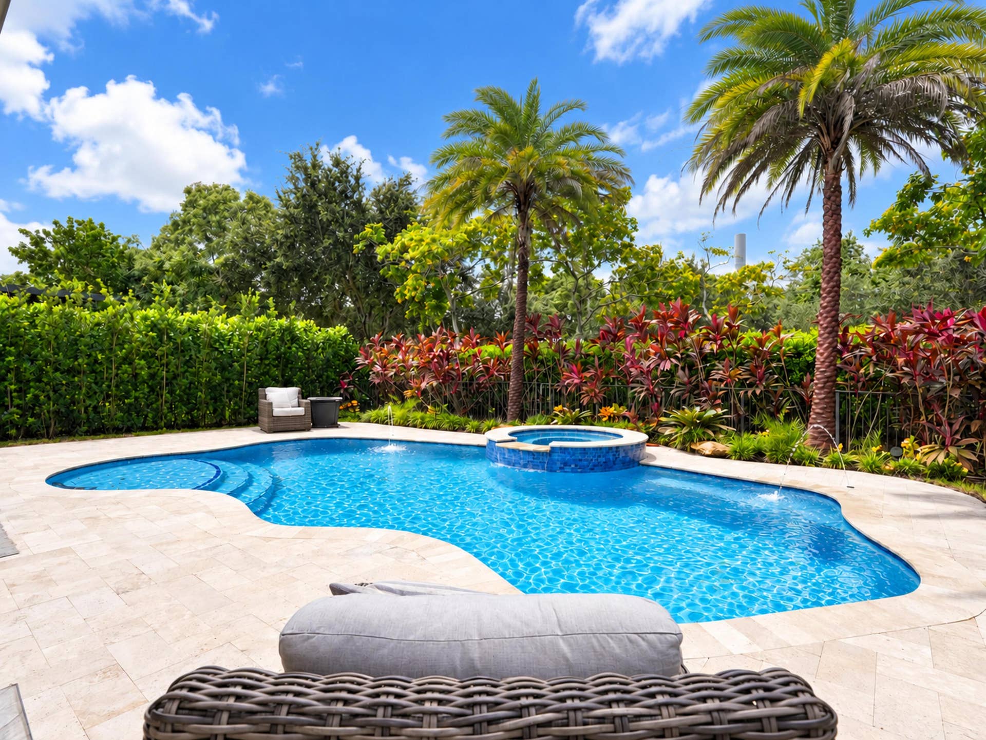 8601 Waterside Court, Parkland, FL 33076 Swimming pool with a raised spillover spa, tiled decking, and mature tropical landscaping