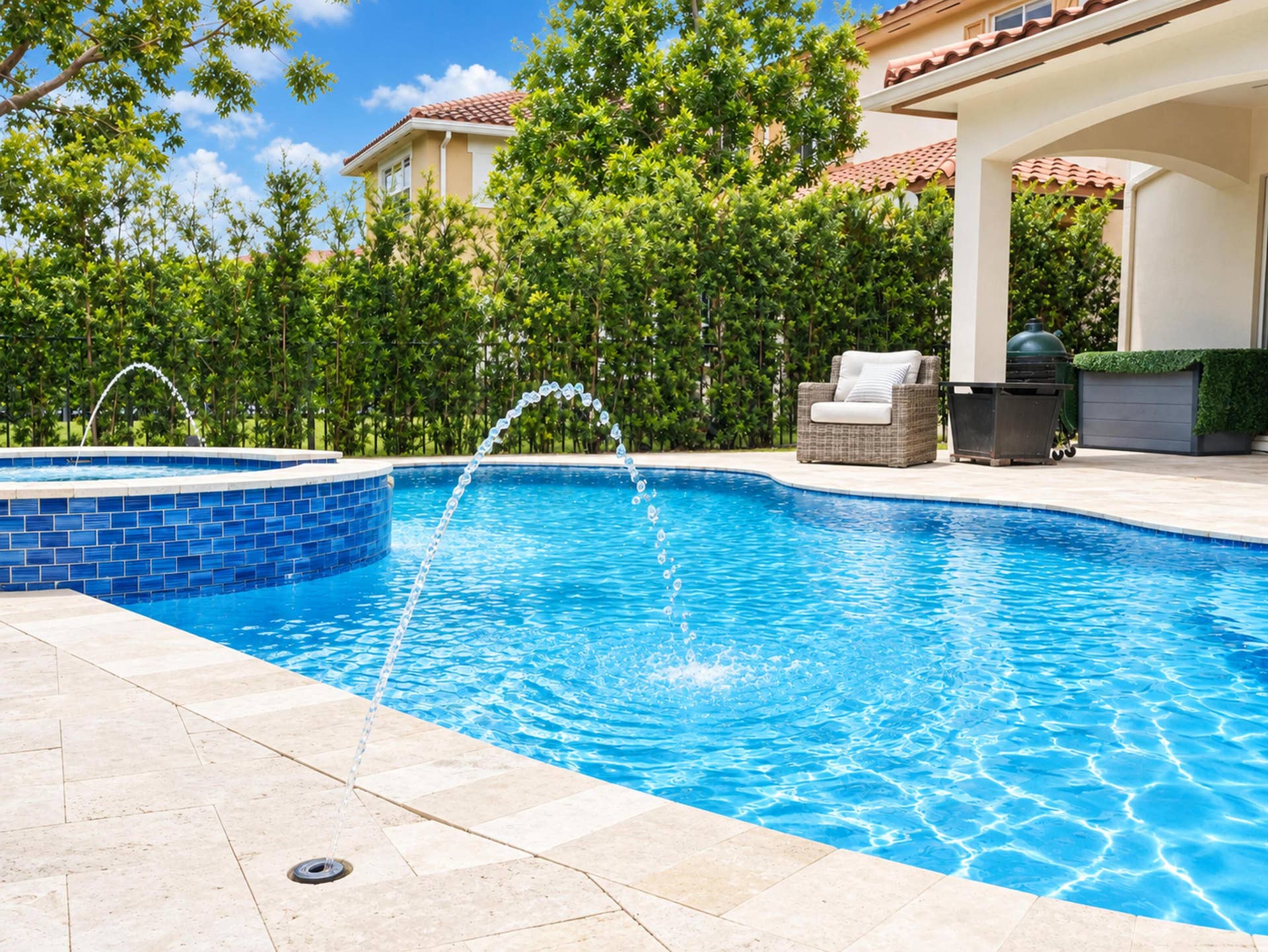 8601 Waterside Court, Parkland, FL 33076 Swimming pool featuring blue tile accents, a raised spa, stone-paver decking, and integrated water fountains