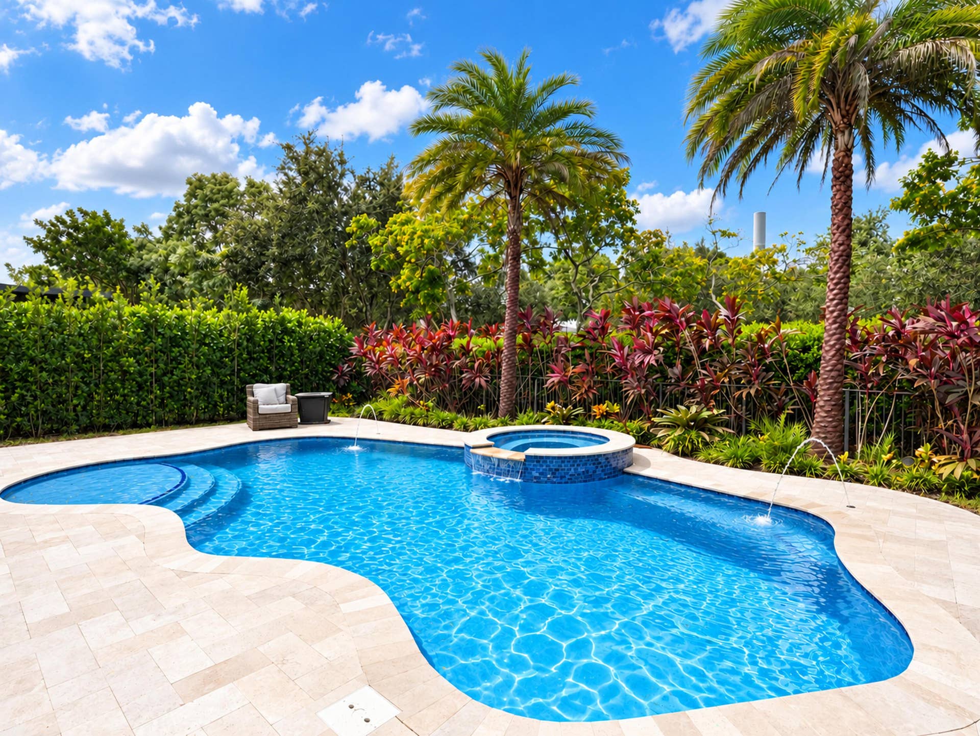 8601 Waterside Court, Parkland, FL 33076 Swimming pool with integrated spa, stone-finished patio, water features, and manicured perimeter landscaping