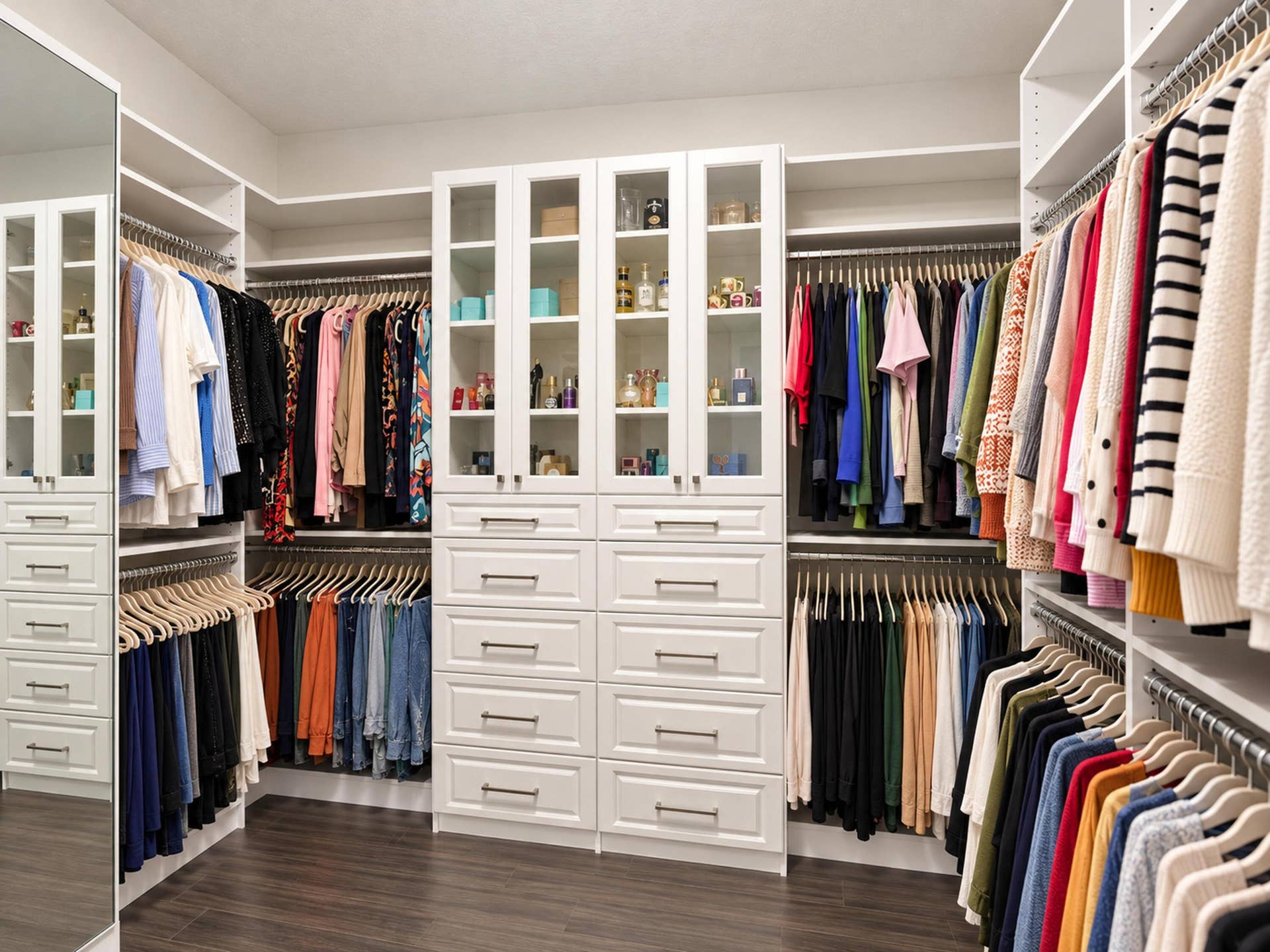 8601 Waterside Court, Parkland, FL 33076 Custom walk-in closet featuring white built-in cabinetry, glass-front display doors, multiple integrated storage drawers, full-length mirror, and wood-finish flooring