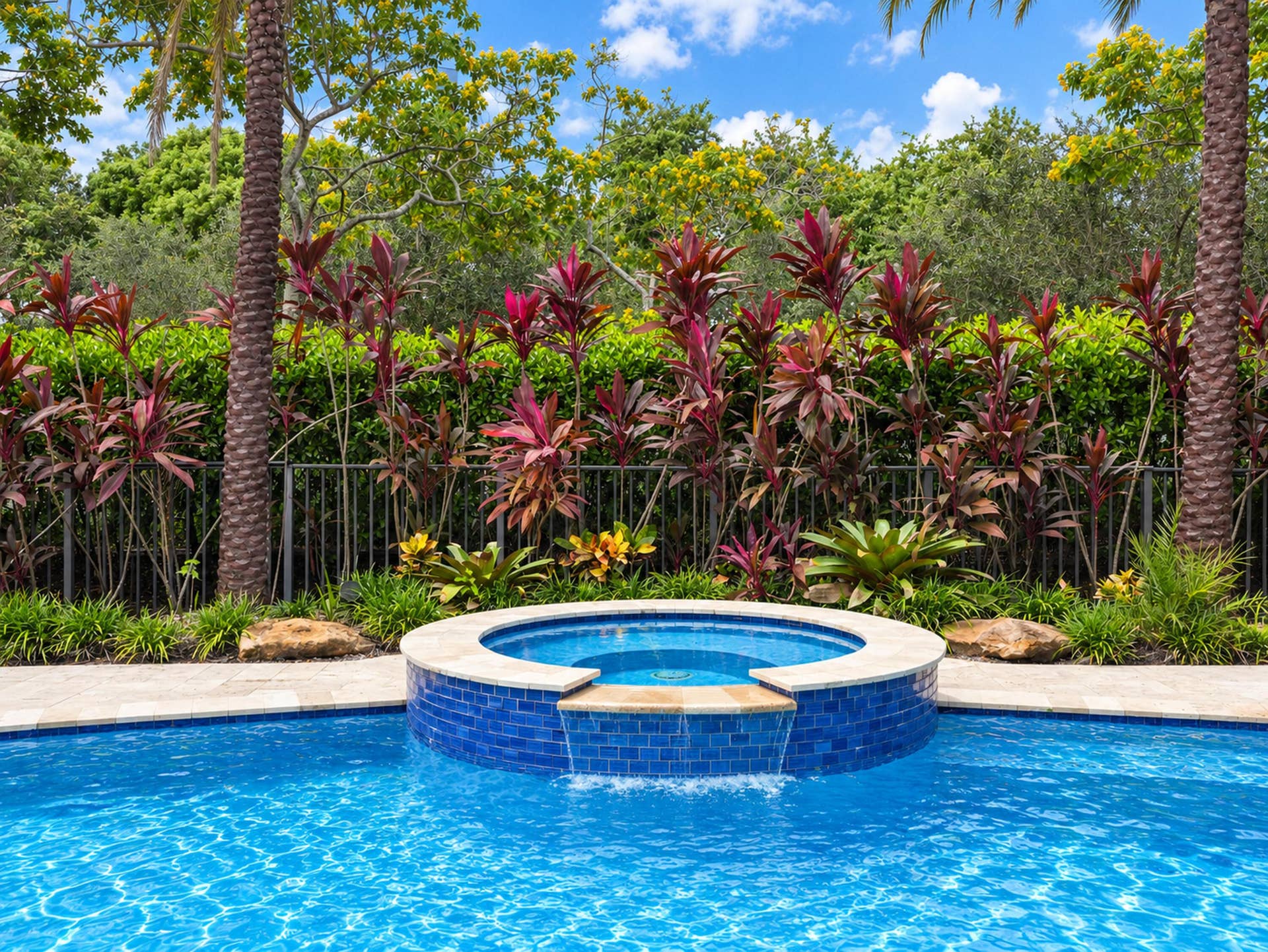 8601 Waterside Court, Parkland, FL 33076 In-ground pool featuring a spillover spa with stone coping, glass tile exterior, natural stone deck, and dense landscape screening