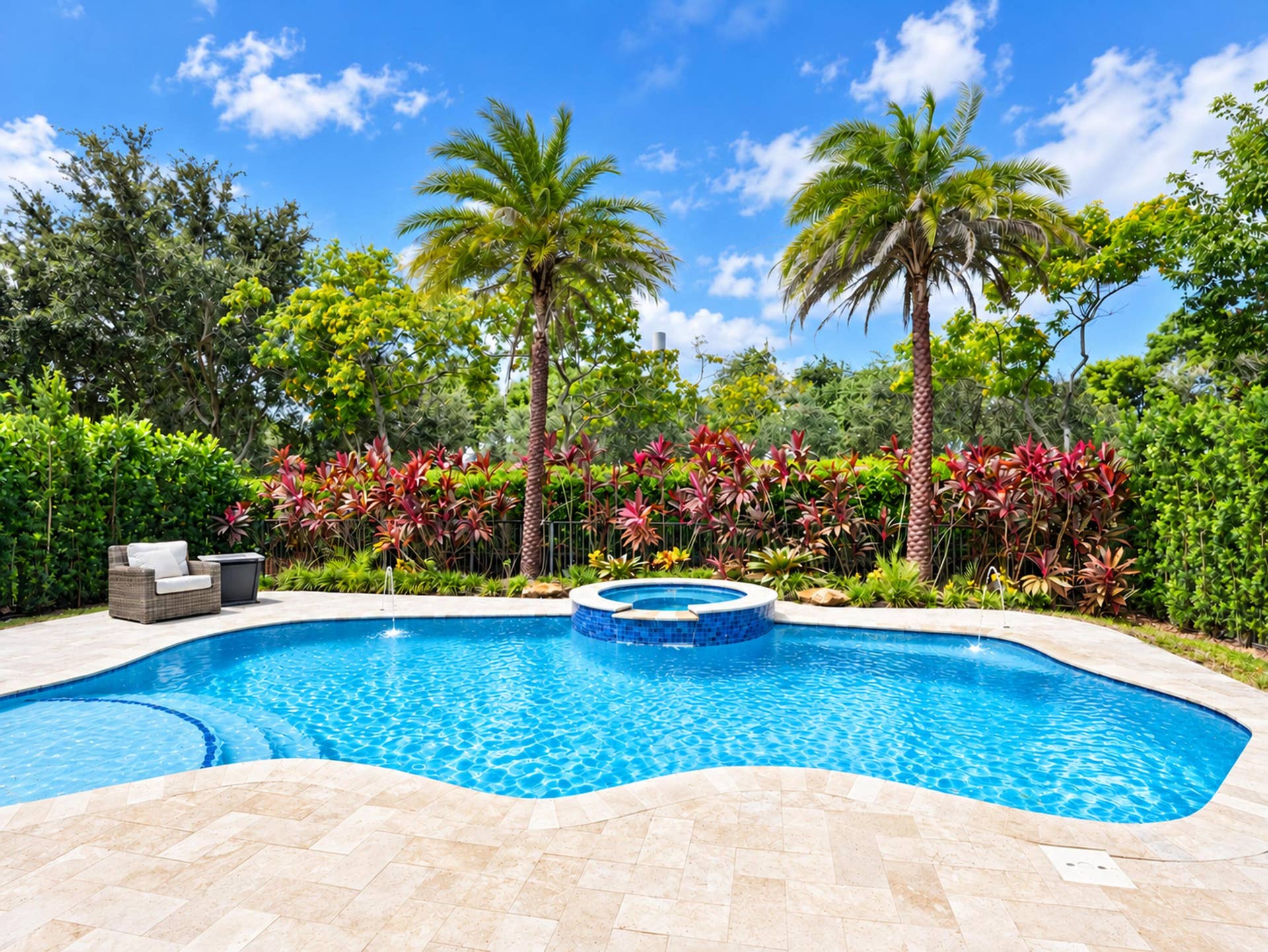 8601 Waterside Court, Parkland, FL 33076 In-ground pool featuring a raised spa, tile accents, stone-finish paver decking, and mature tropical landscaping