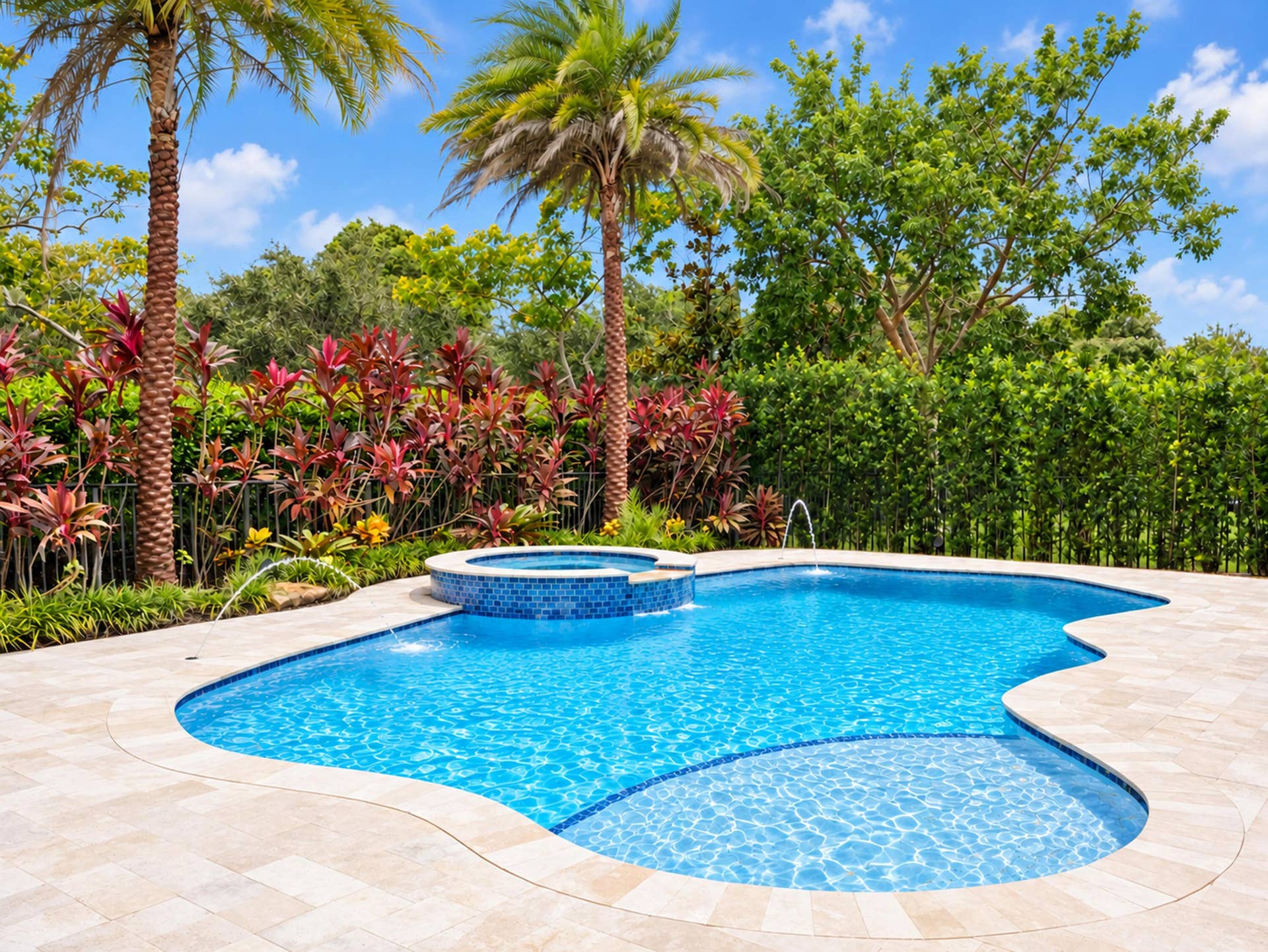 8601 Waterside Court, Parkland, FL 33076 Freeform swimming pool with a raised spillover spa, surrounded by stone-finish decking and mature tropical landscaping