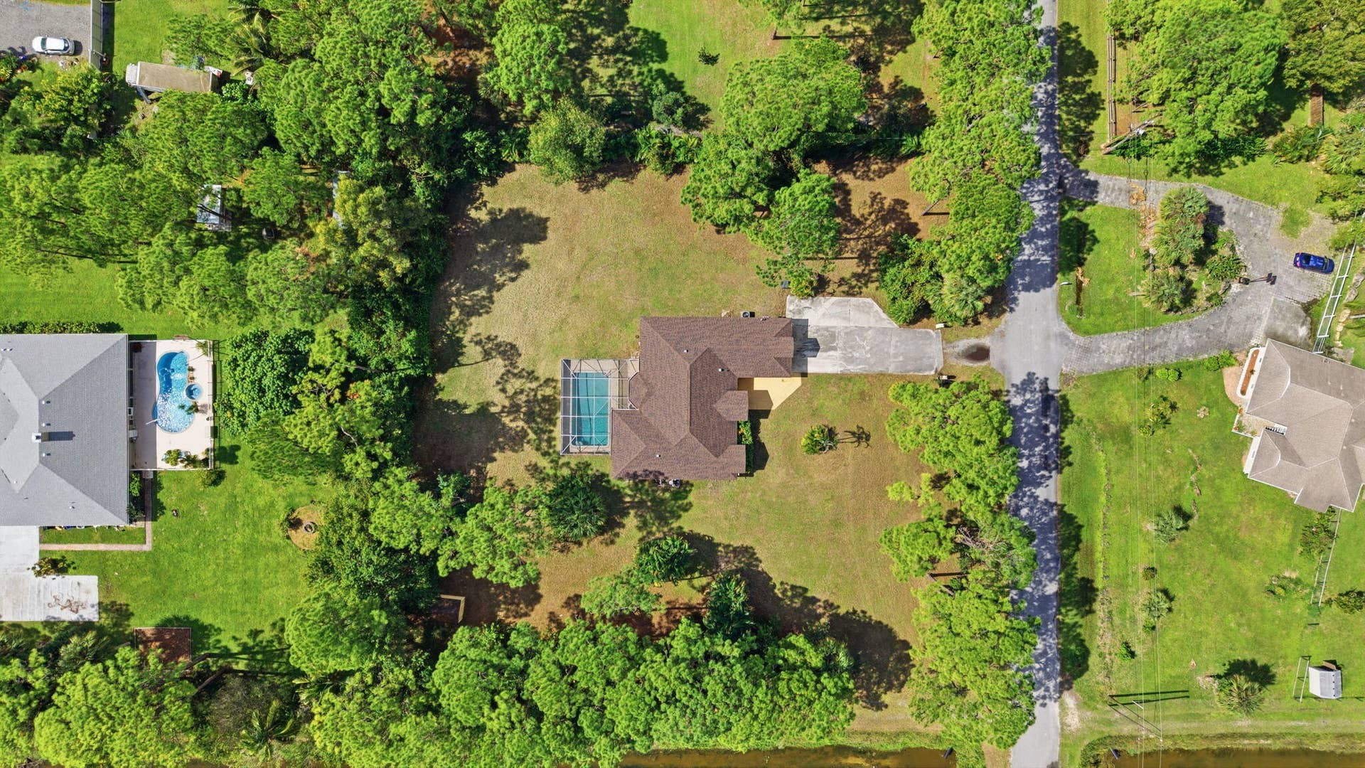 Expansive lot featuring mature trees, a private pool with screen enclosure, and a paved driveway