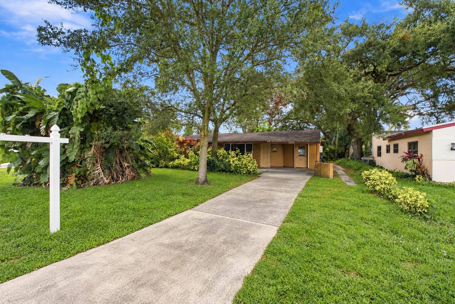 6660 FREEDOM Street, Hollywood, FL 33024 Single-story residence featuring a concrete driveway, mature canopy trees, and established ornamental landscaping
