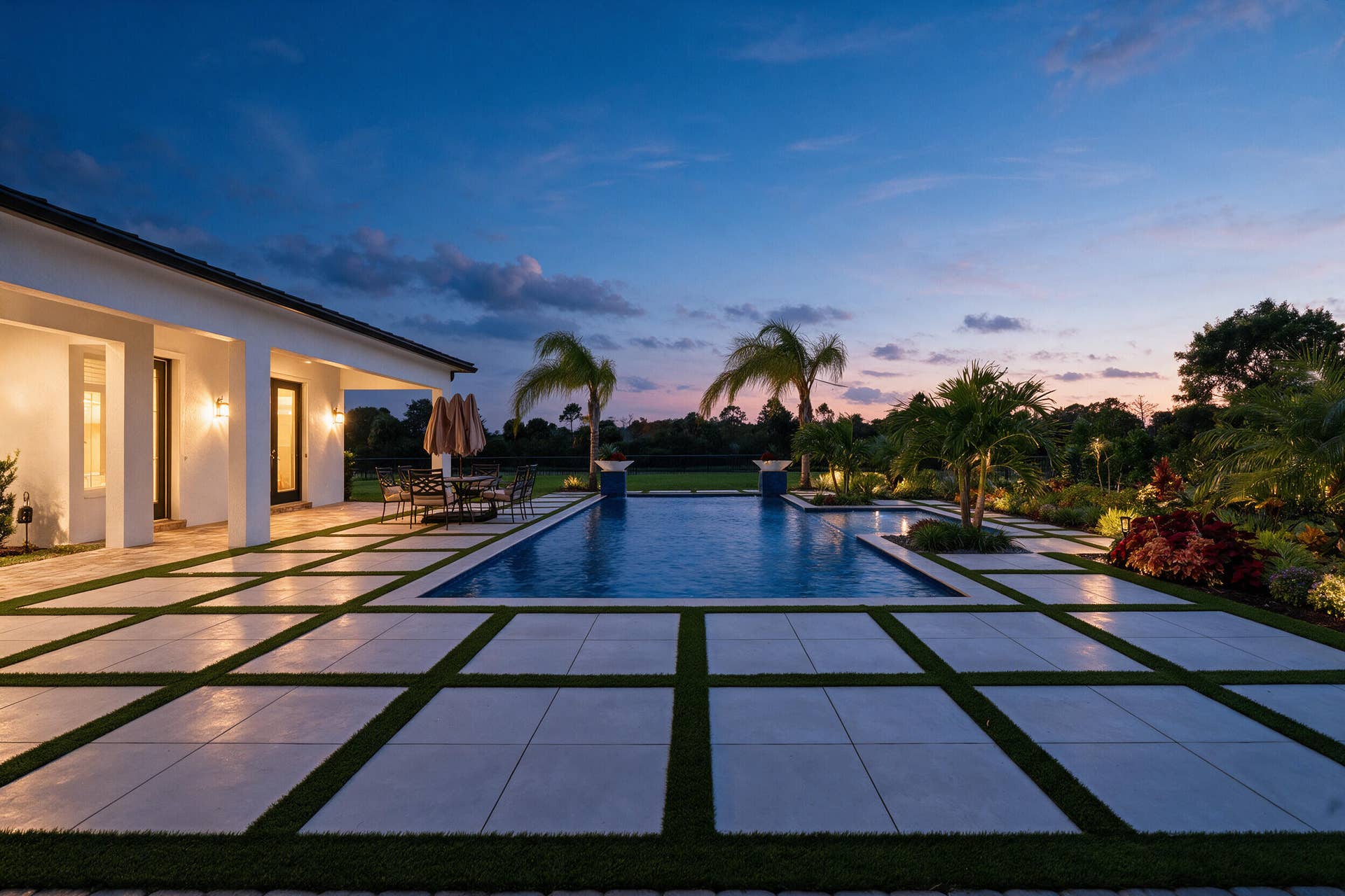 20036 SE BRIDGEWATER Drive, Jupiter, FL 33458 Spacious outdoor patio with large format pavers and synthetic turf inlays, featuring a rectangular swimming pool, integrated landscaping, and a covered lanai