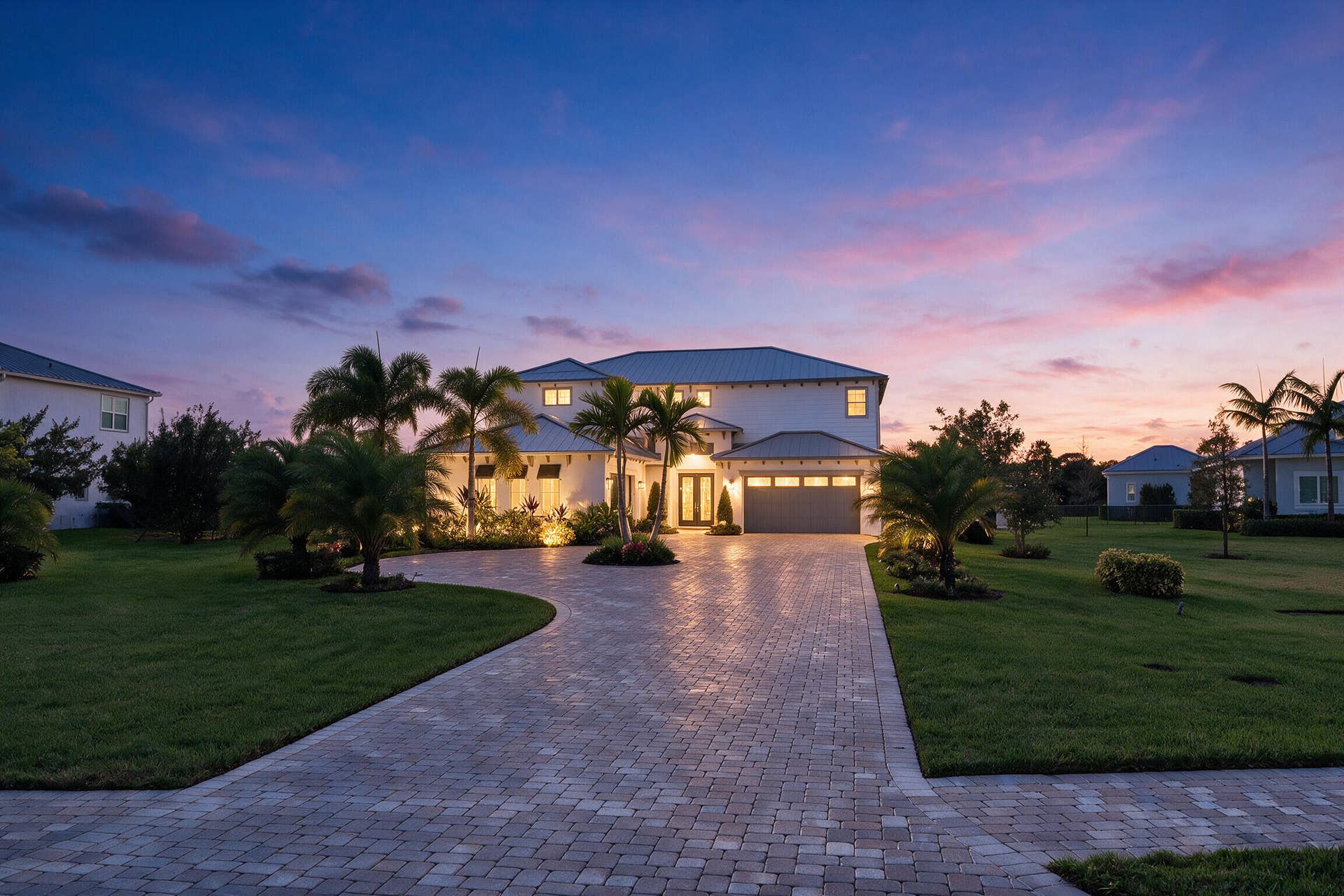20036 SE BRIDGEWATER Drive, Jupiter, FL 33458 Two-story exterior featuring light-toned masonry, a multi-car garage, and an expansive paved driveway surrounded by mature palm trees and landscaped lawns