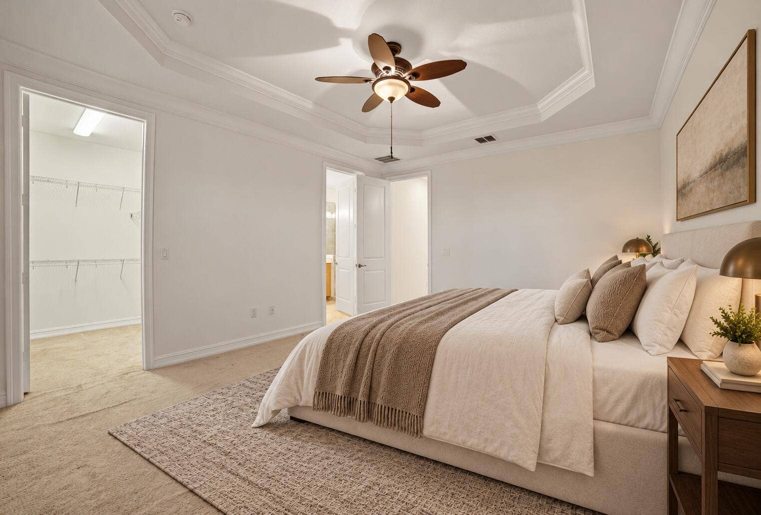 13011 Riverwalk Circle N, Plantation, Plantation, FL 33325 Tray ceiling with crown molding, ceiling fan, walk-in closet and carpeted flooring