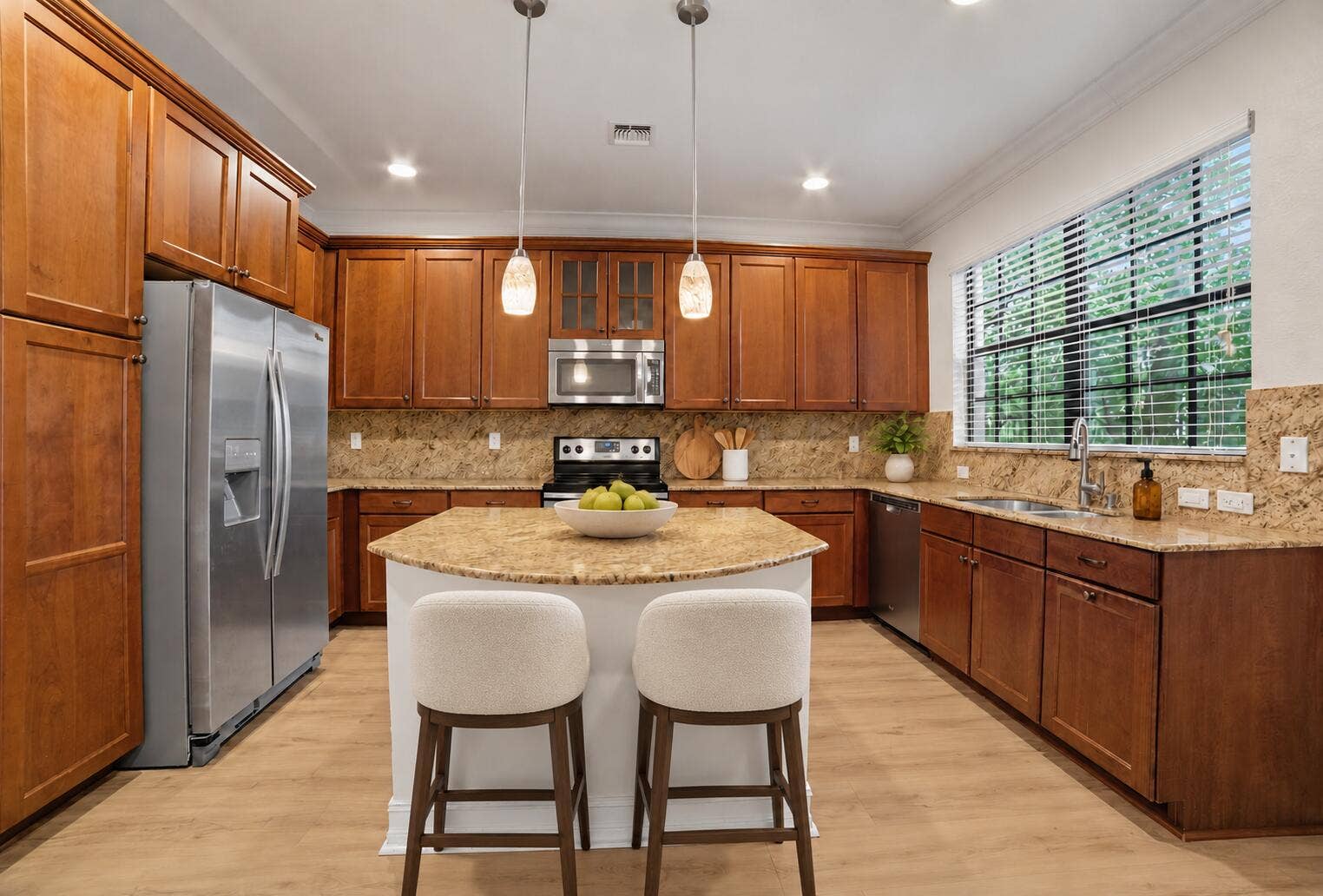13011 Riverwalk Circle N, Plantation, Plantation, FL 33325 Kitchen featuring wood cabinetry, stone countertops, stainless steel appliances, a central island, and recessed lighting