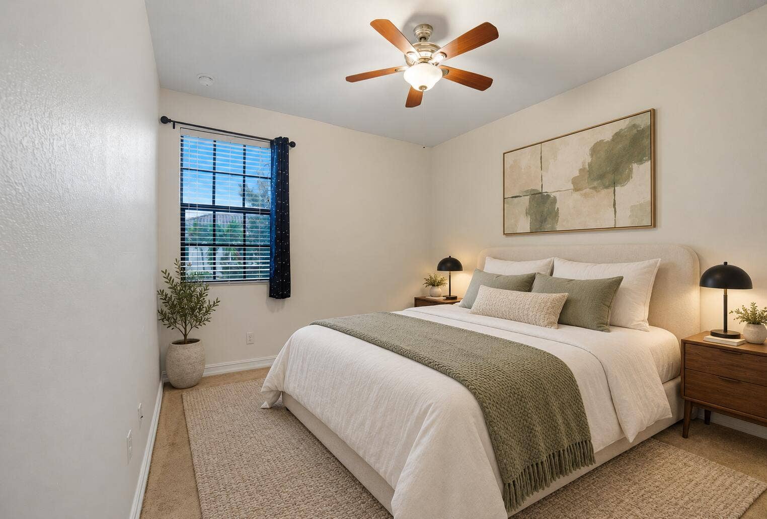 13011 Riverwalk Circle N, Plantation, Plantation, FL 33325 Neutral interior featuring neutral wall paint, multi-blade ceiling fan with integrated lighting, window with horizontal blinds, and carpeted flooring