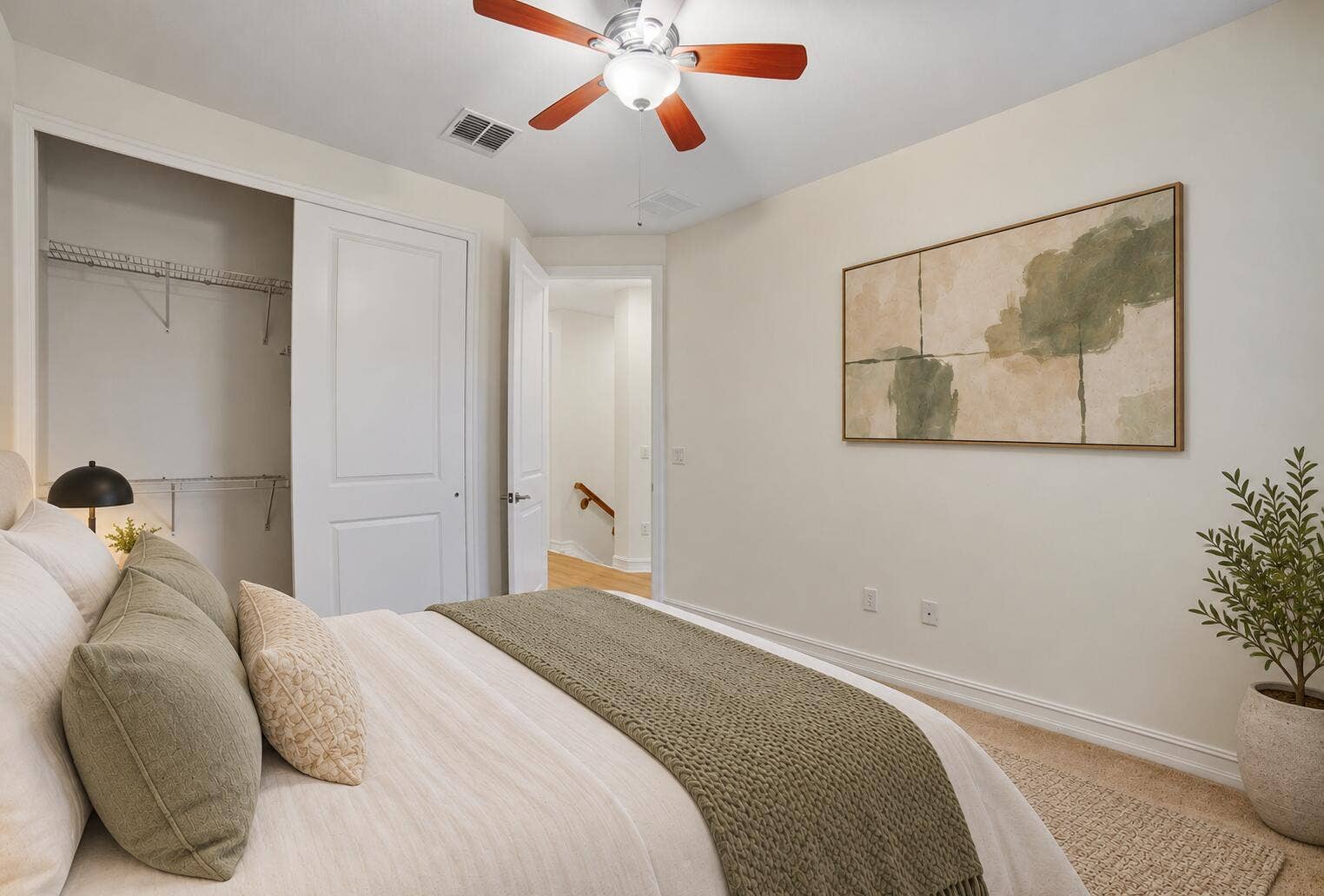 13011 Riverwalk Circle N, Plantation, Plantation, FL 33325 Bedroom featuring neutral wall paint, carpeted flooring, a ceiling fan with light fixture, and a built-in closet with sliding doors