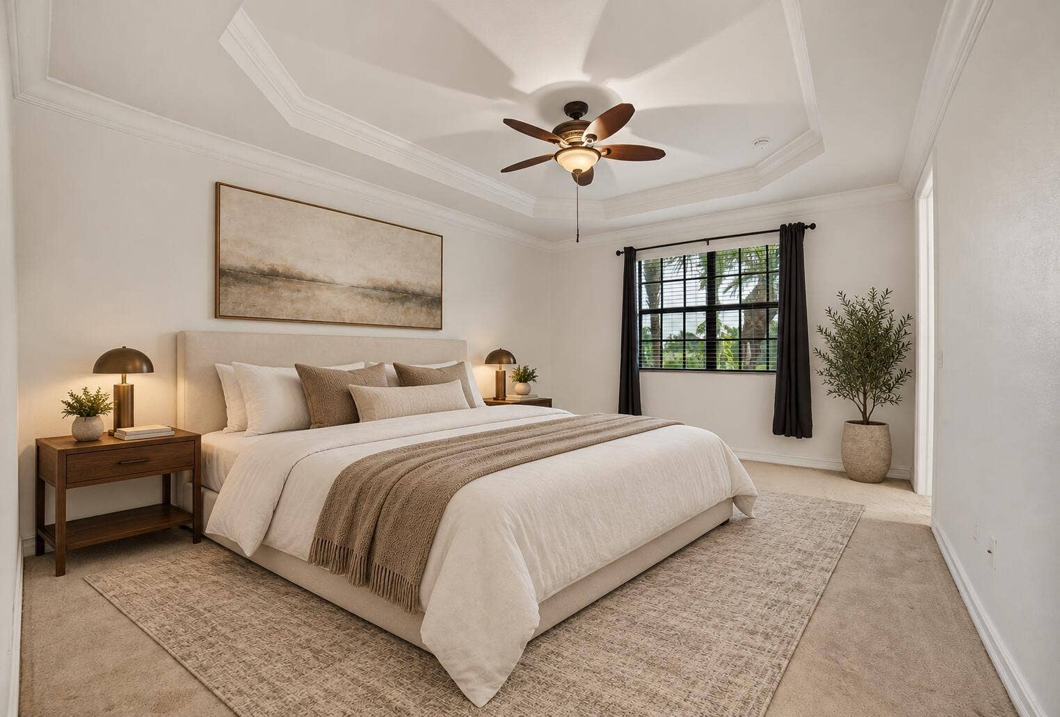 13011 Riverwalk Circle N, Plantation, Plantation, FL 33325 Tray ceiling, ceiling fan with integrated lighting, neutral wall-to-wall carpeting, and multi-pane window