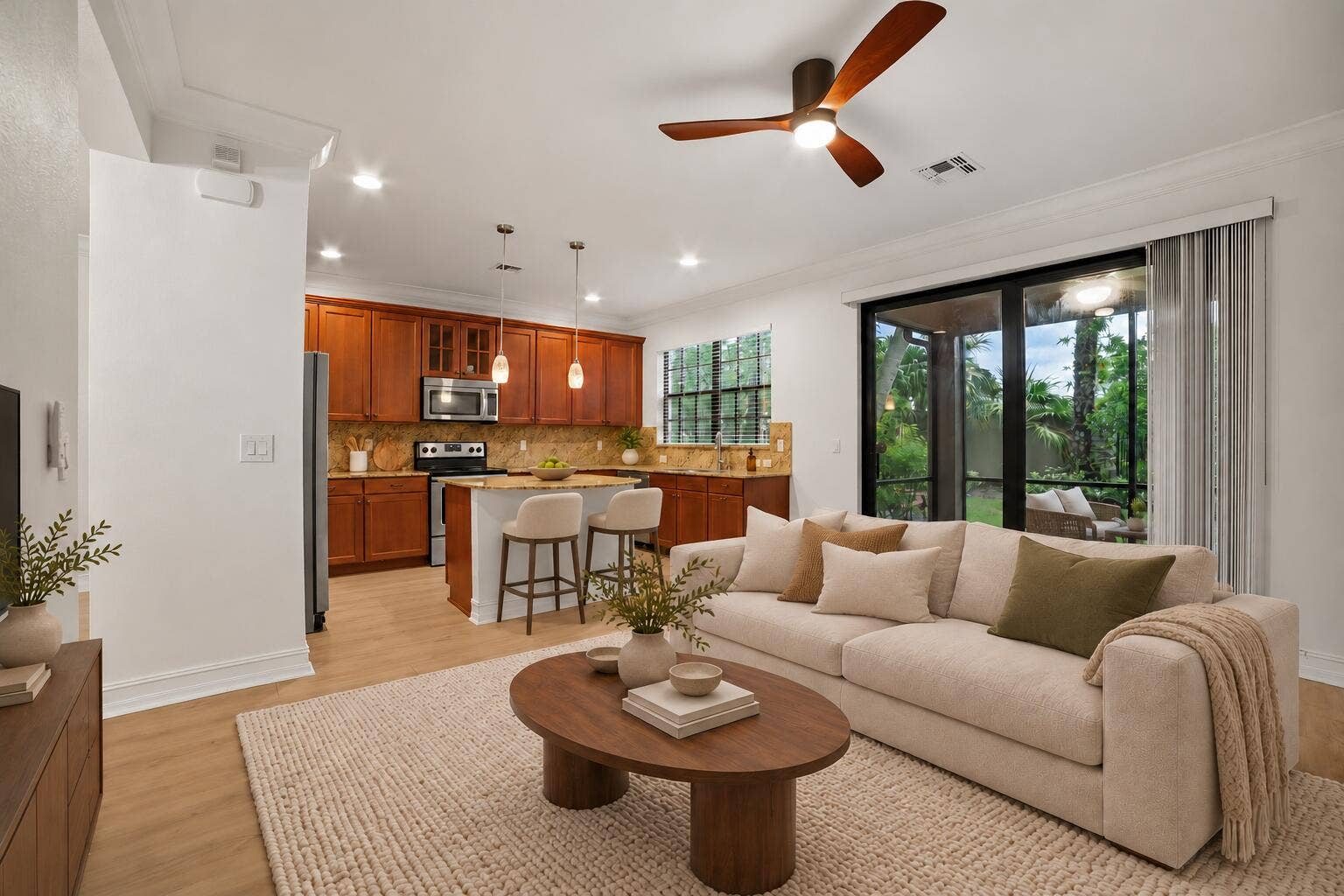 13011 Riverwalk Circle N, Plantation, Plantation, FL 33325 Open-concept area featuring wood-finish flooring, recessed lighting, a modern ceiling fan, wood cabinetry, and stone countertops while sliding glass doors provide natural lighting and entry to your screened-in lanai.